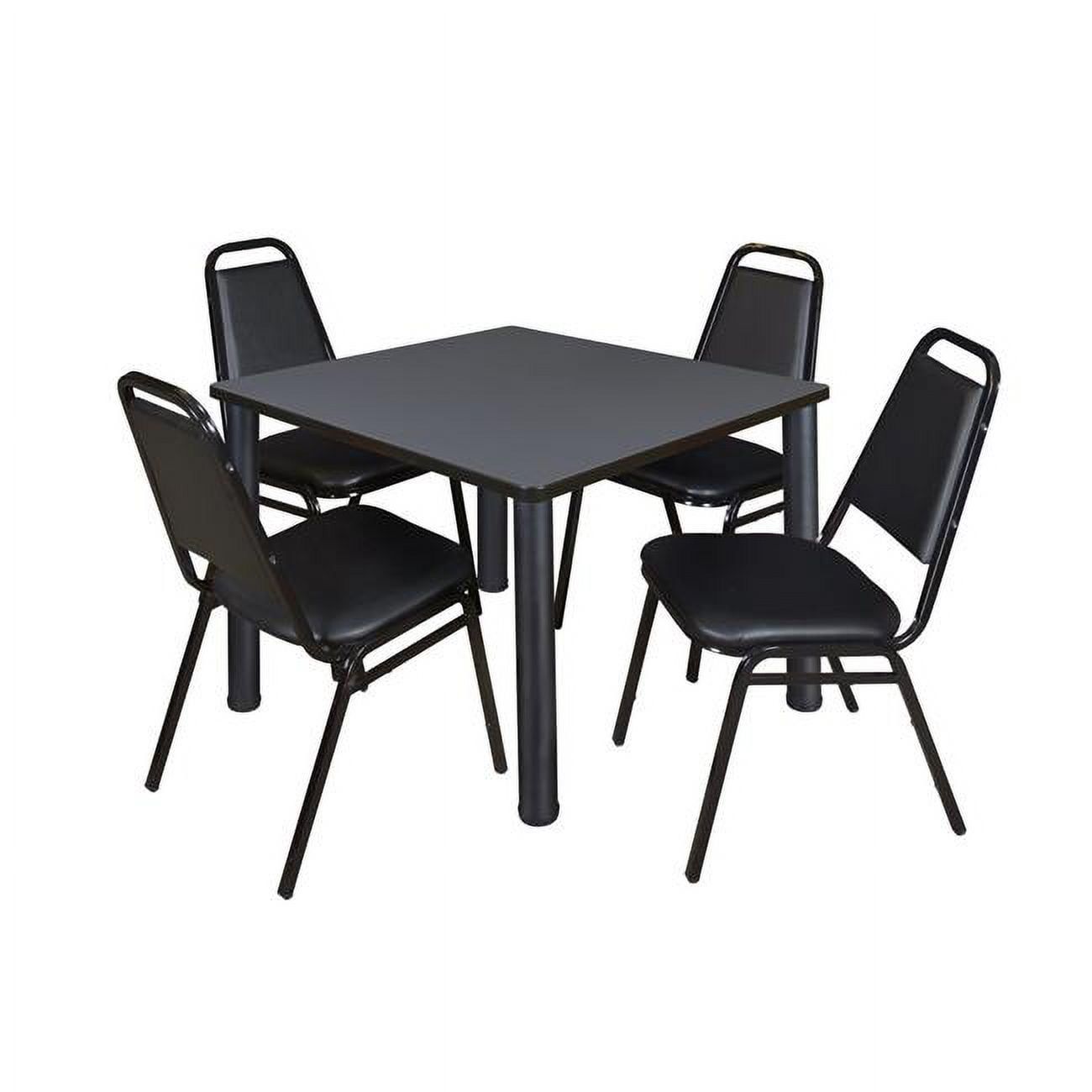 36" Square Black and Grey Table with 4 Black Vinyl Chairs