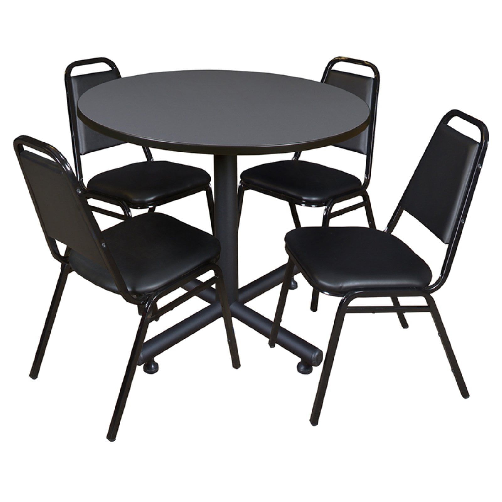 30-Inch Gray Round Table with 4 Black Vinyl Stack Chairs