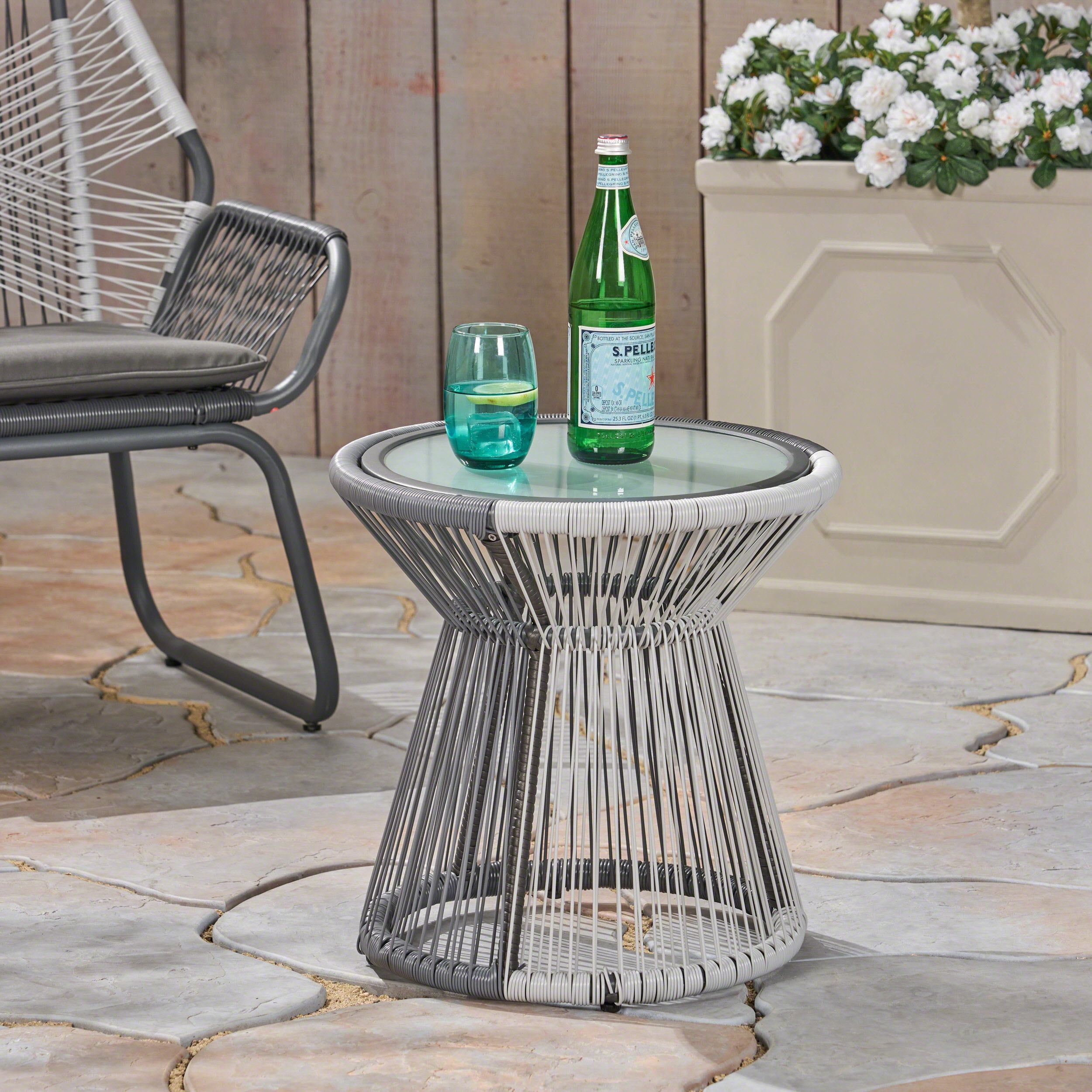 Gray and White Steel Outdoor End Table with Glass Top