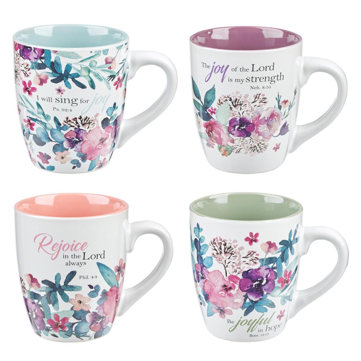 Floral Ceramic Mug Set with Scripture Verses, 4-Piece