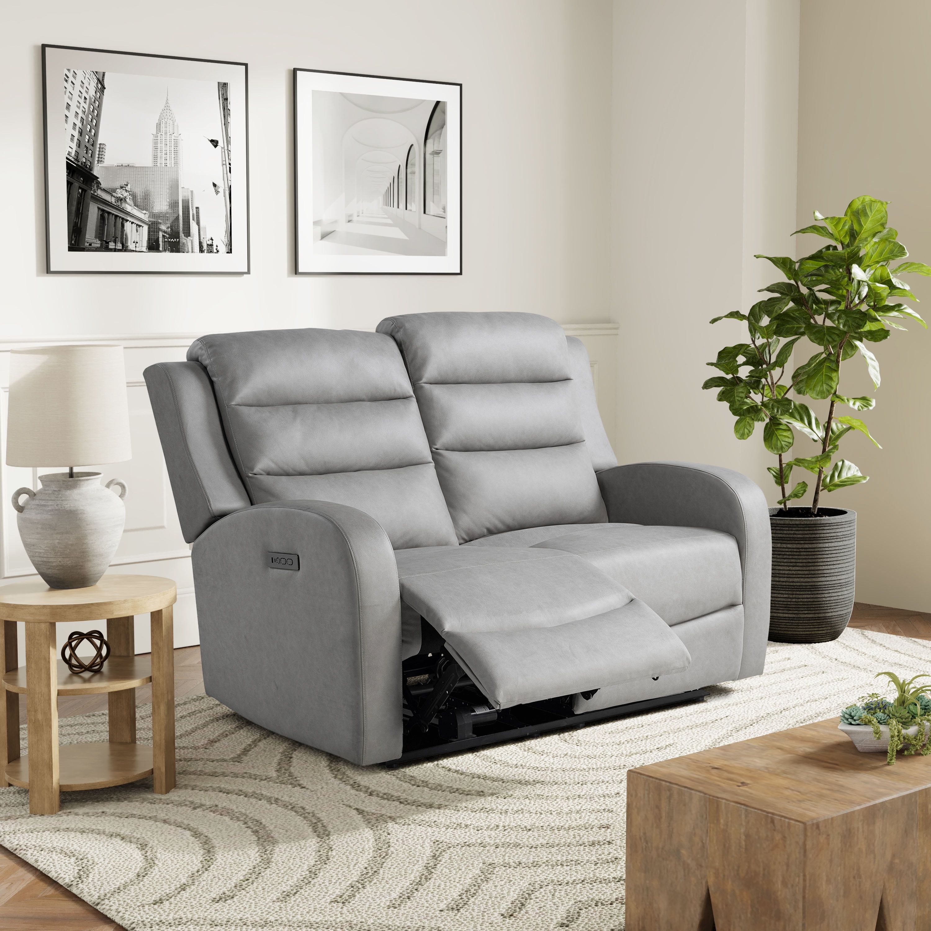 Gray Faux Leather Channel Tufted Reclining Loveseat with Acacia Wood