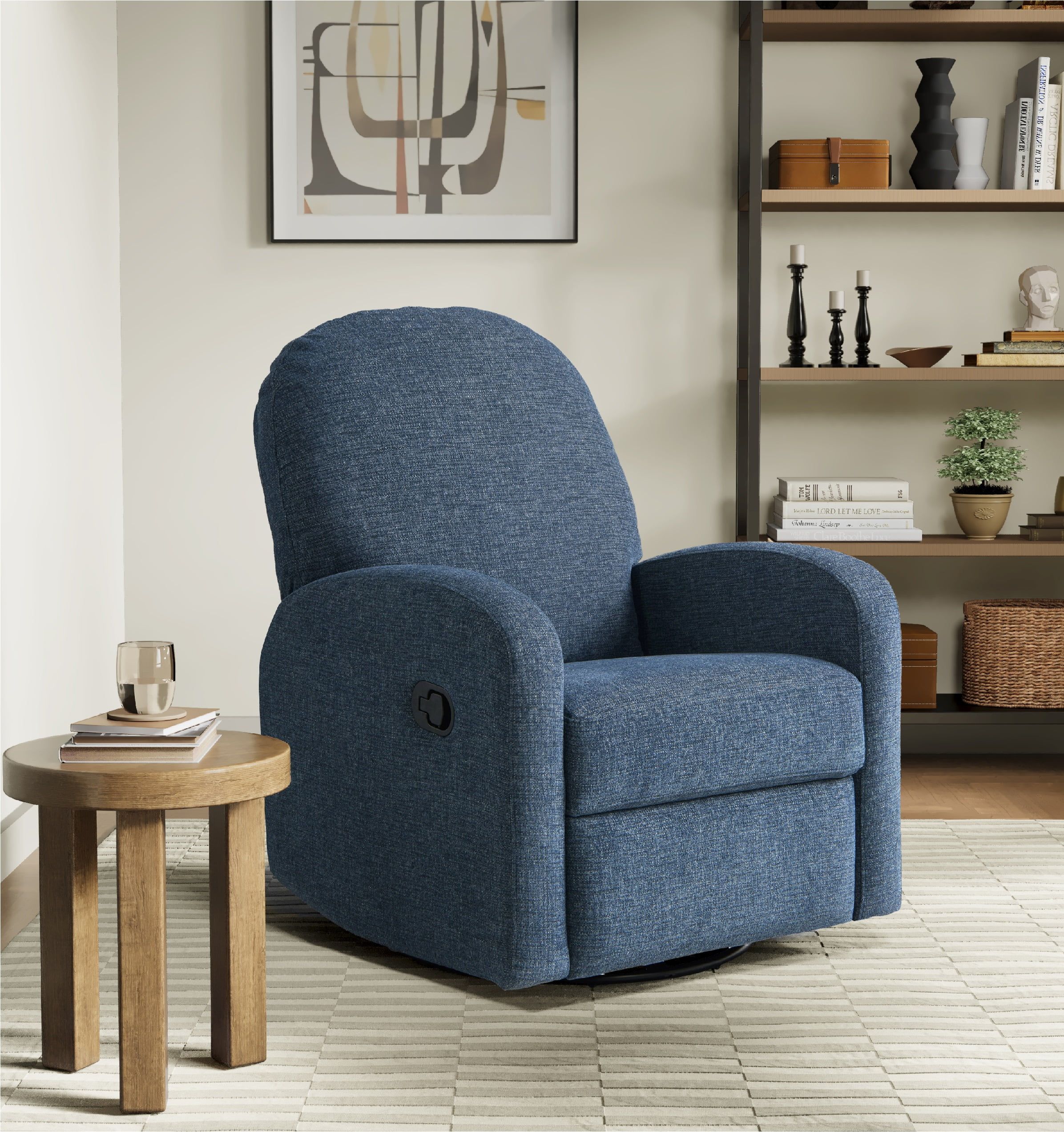 Blue Fabric Swivel Recliner with Hardwood Frame