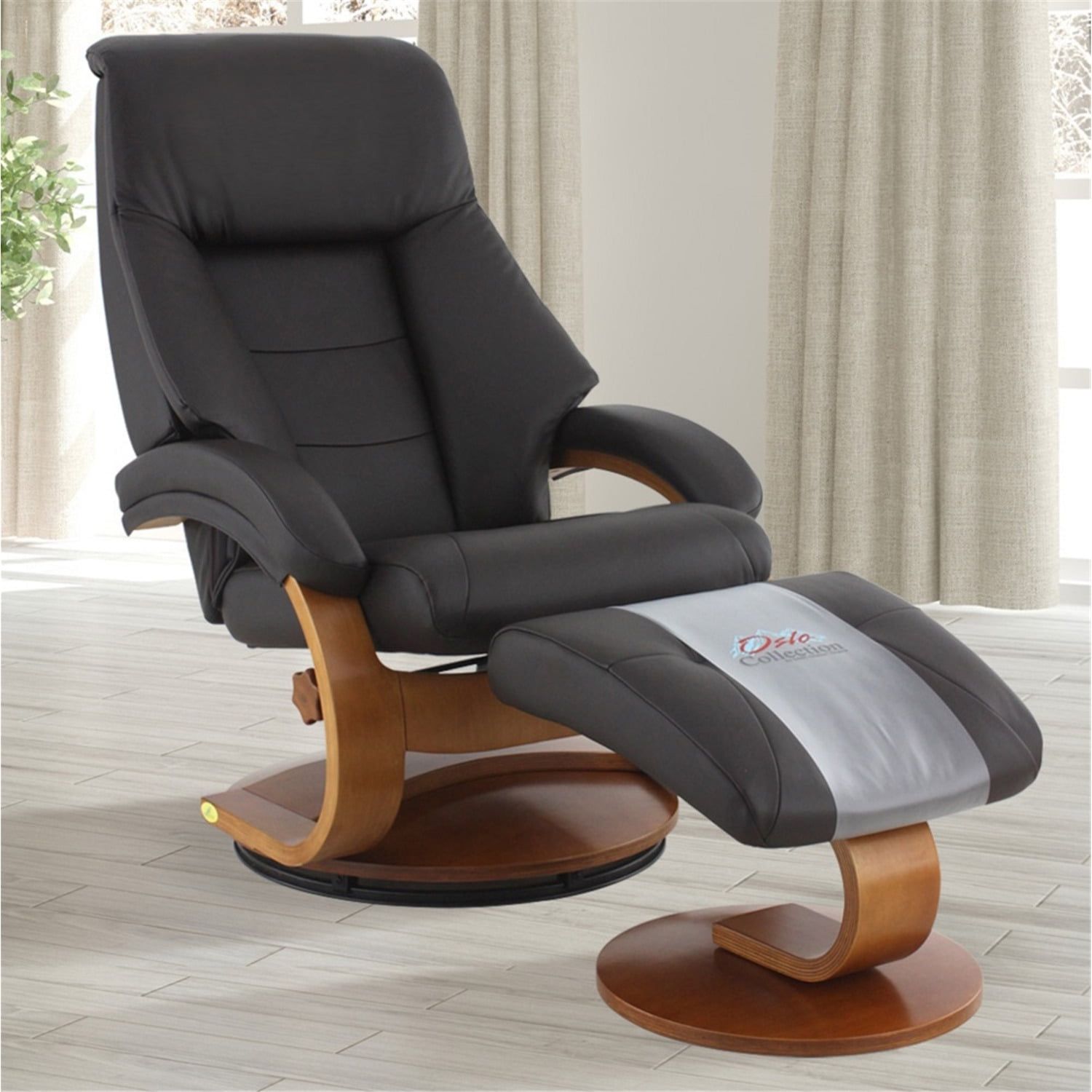 Transitional Brown Leather Swivel Recliner with Walnut Wood Frame