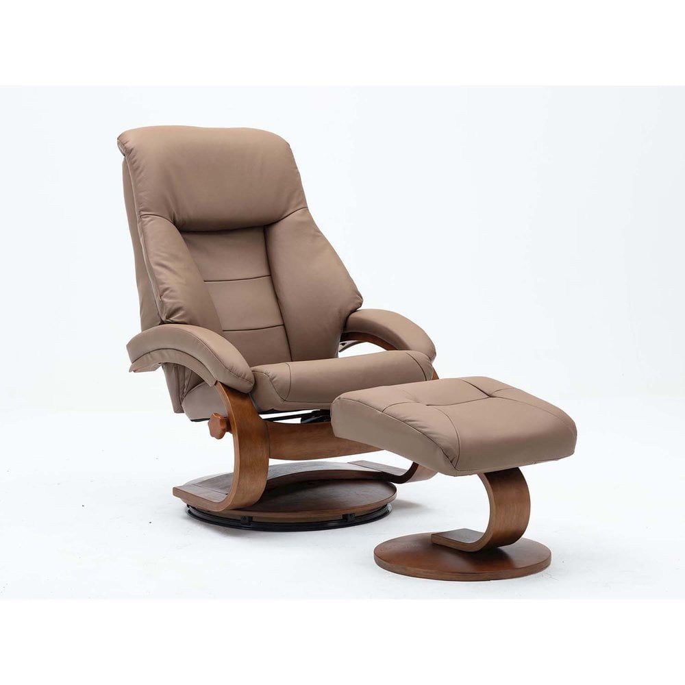 Sand Top Grain Leather Swivel Recliner with Walnut Base