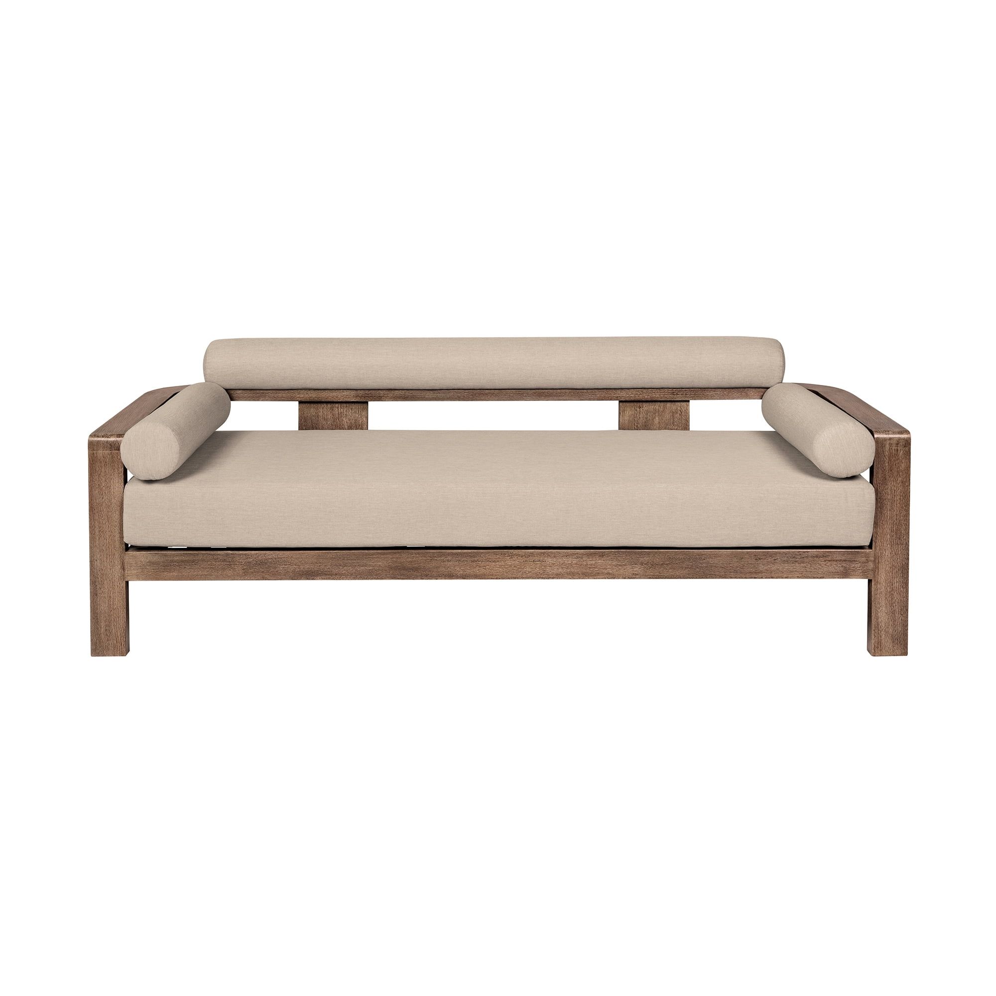 Weathered Eucalyptus Wood Outdoor Sofa with Taupe Cushions