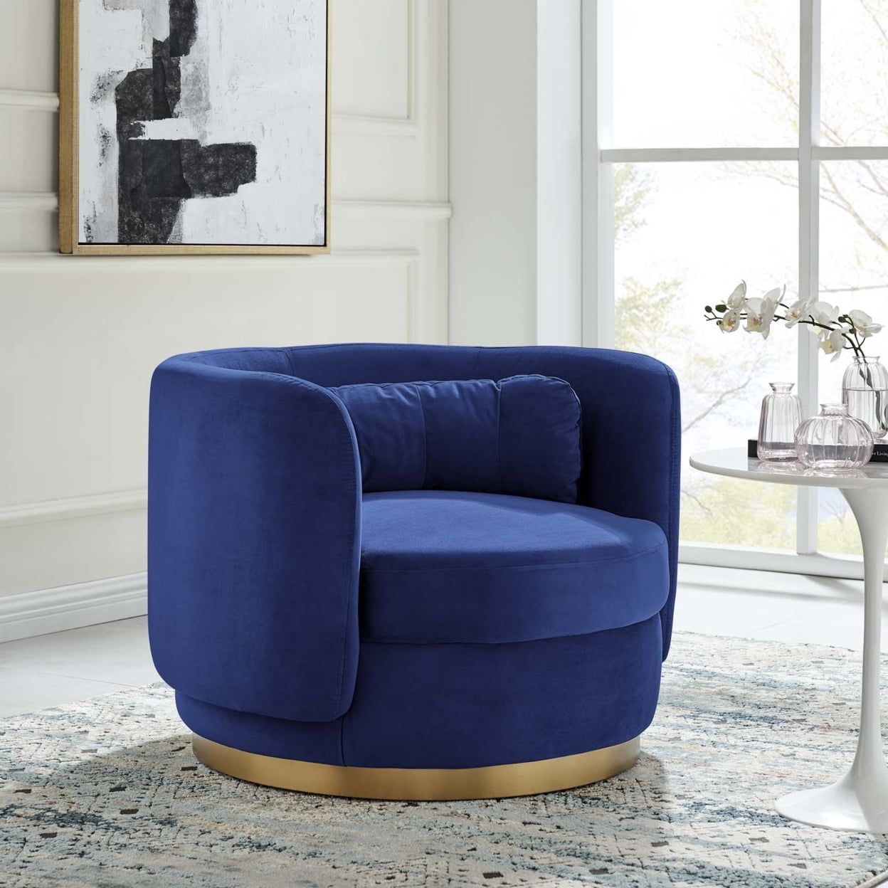 Luxurious Navy Velvet Swivel Accent Chair with Gold Metal Base