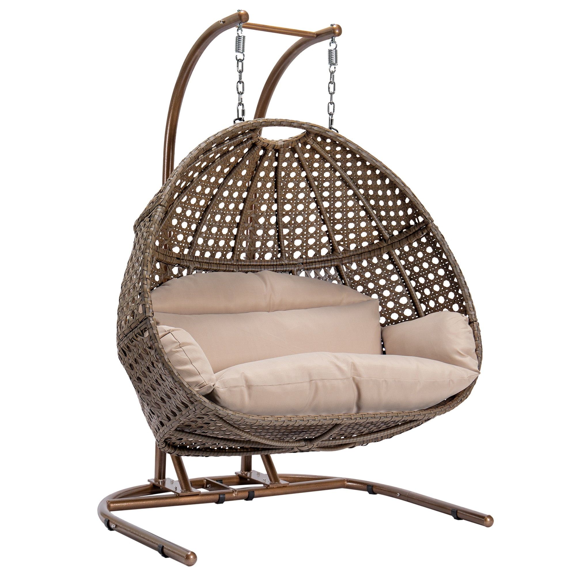 Double-Seat Brown Rattan Hanging Chair with Beige Cushions