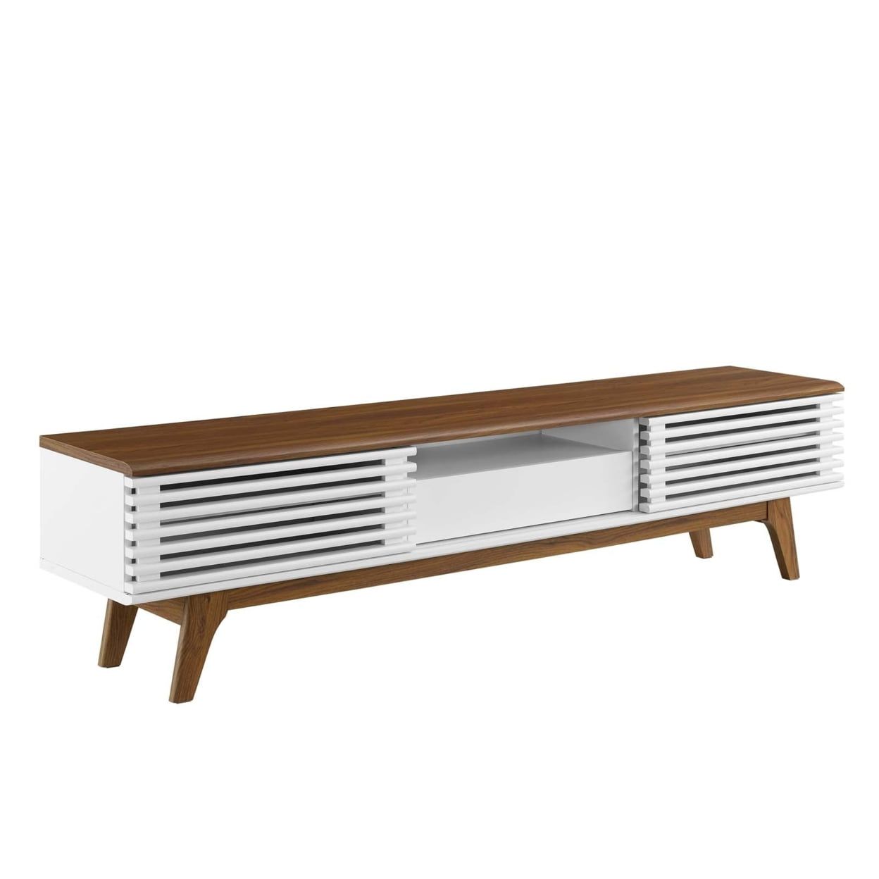 Walnut White 70" Mid-Century Modern TV Stand with Cabinet