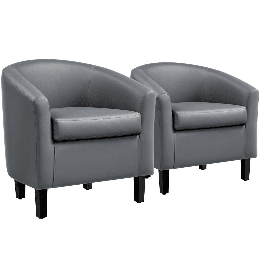 Gray Faux Leather Barrel Accent Chair Set with Wood Legs