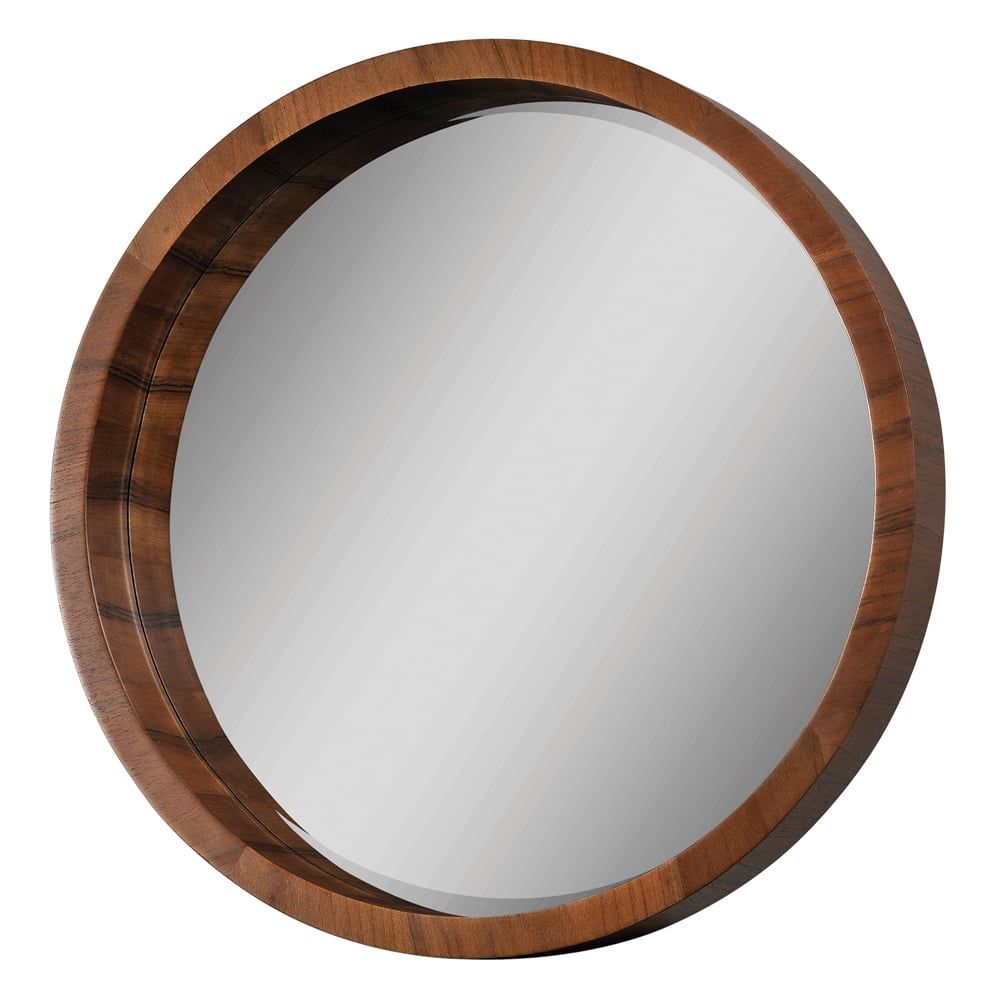 Large Round Walnut Veneer Wood Wall Mirror