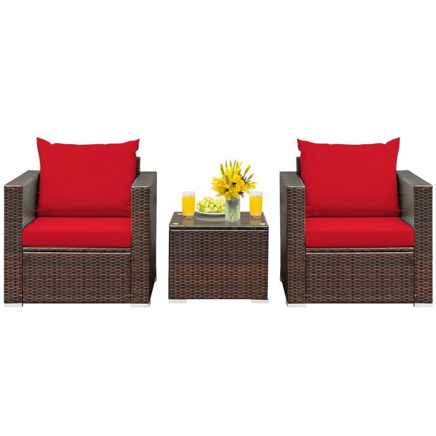 3-Piece Brown Steel Rattan Patio Set with Red Cushions