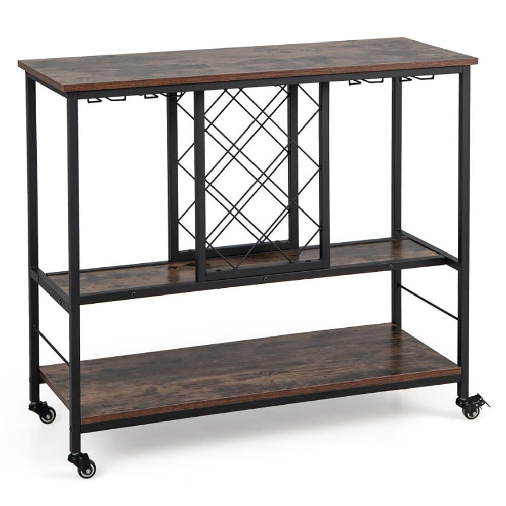 Rustic Brown 3-Tier Wine Bar Cabinet with Metal Frame