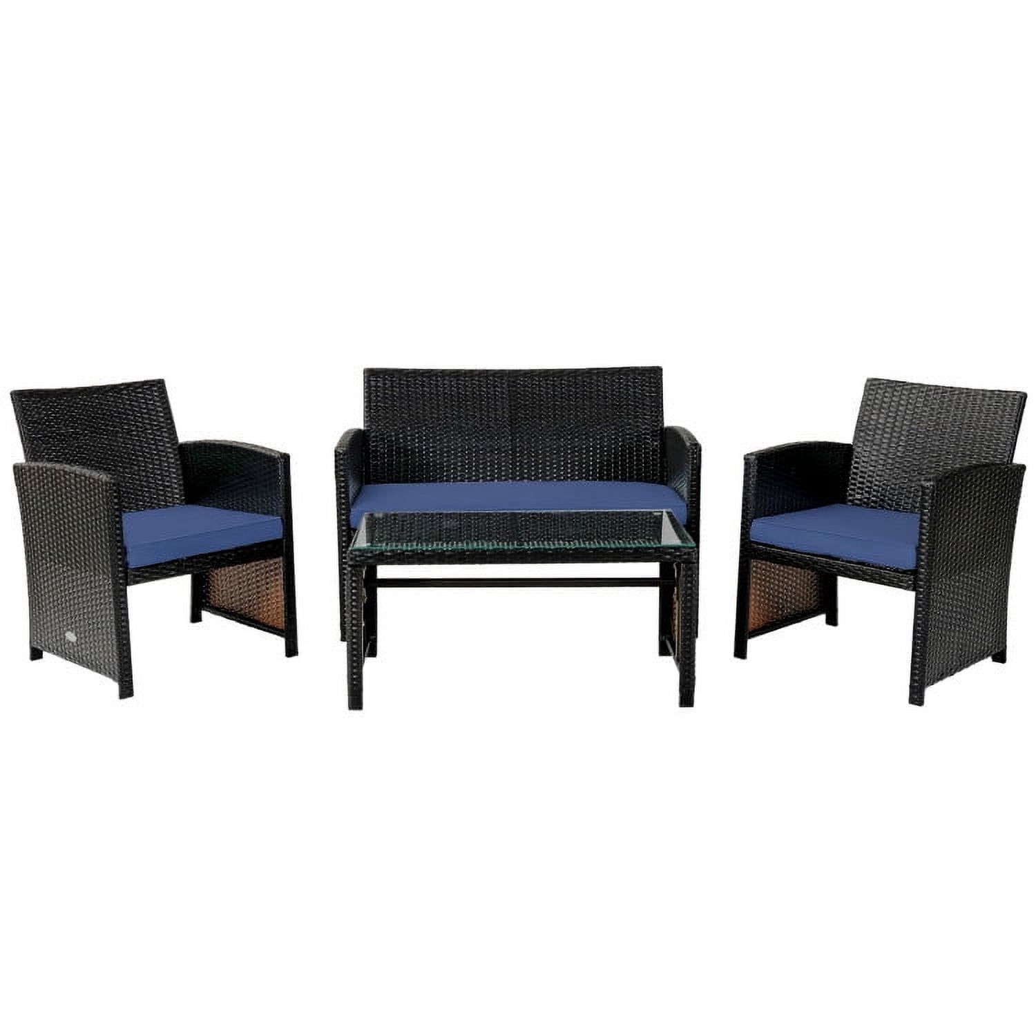 Navy Cushioned 4-Piece Wicker Rattan Patio Set with Glass Table