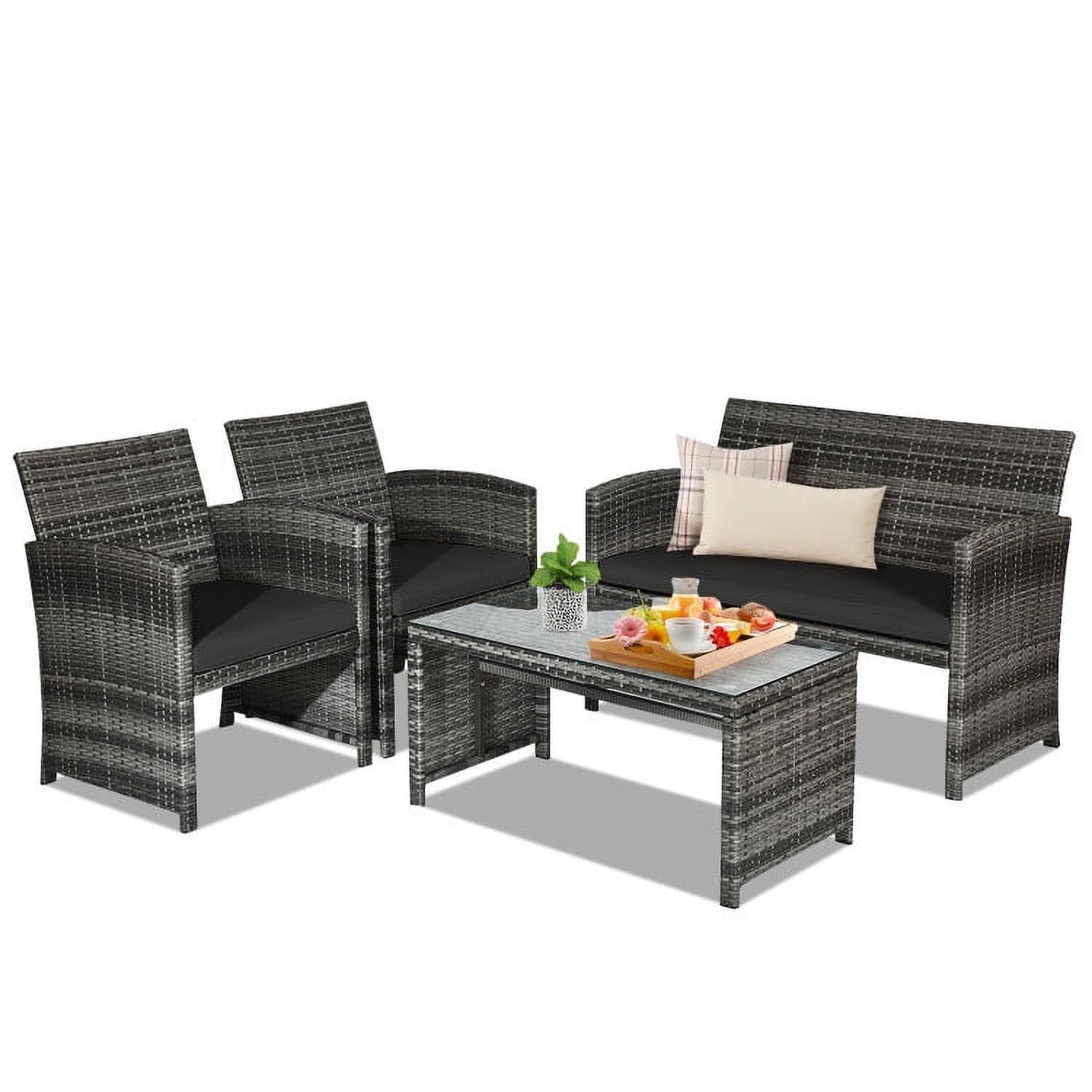 Black 4-Piece Rattan Patio Furniture Set with Glass Table