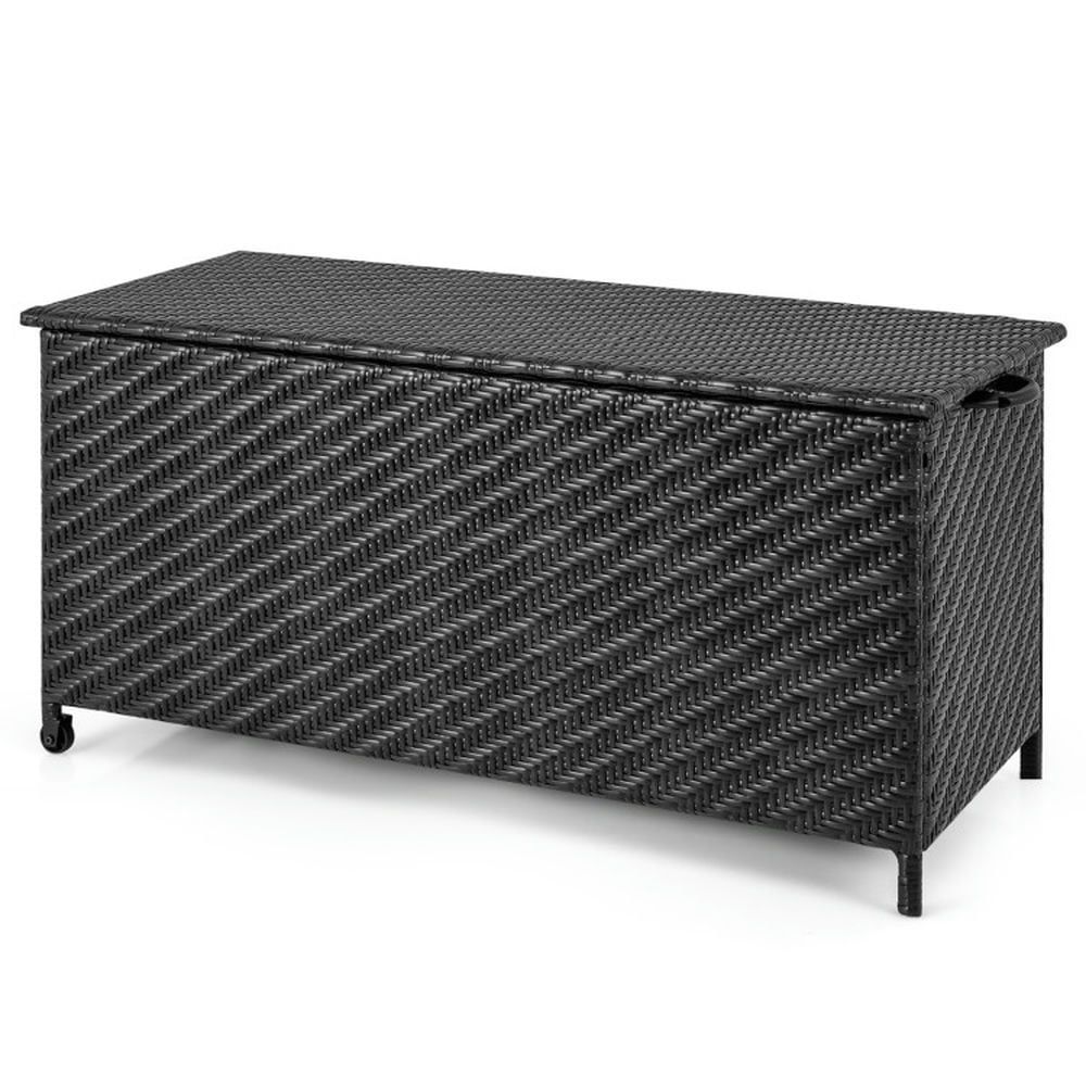 Black Wicker Outdoor Deck Storage Box with Wheels