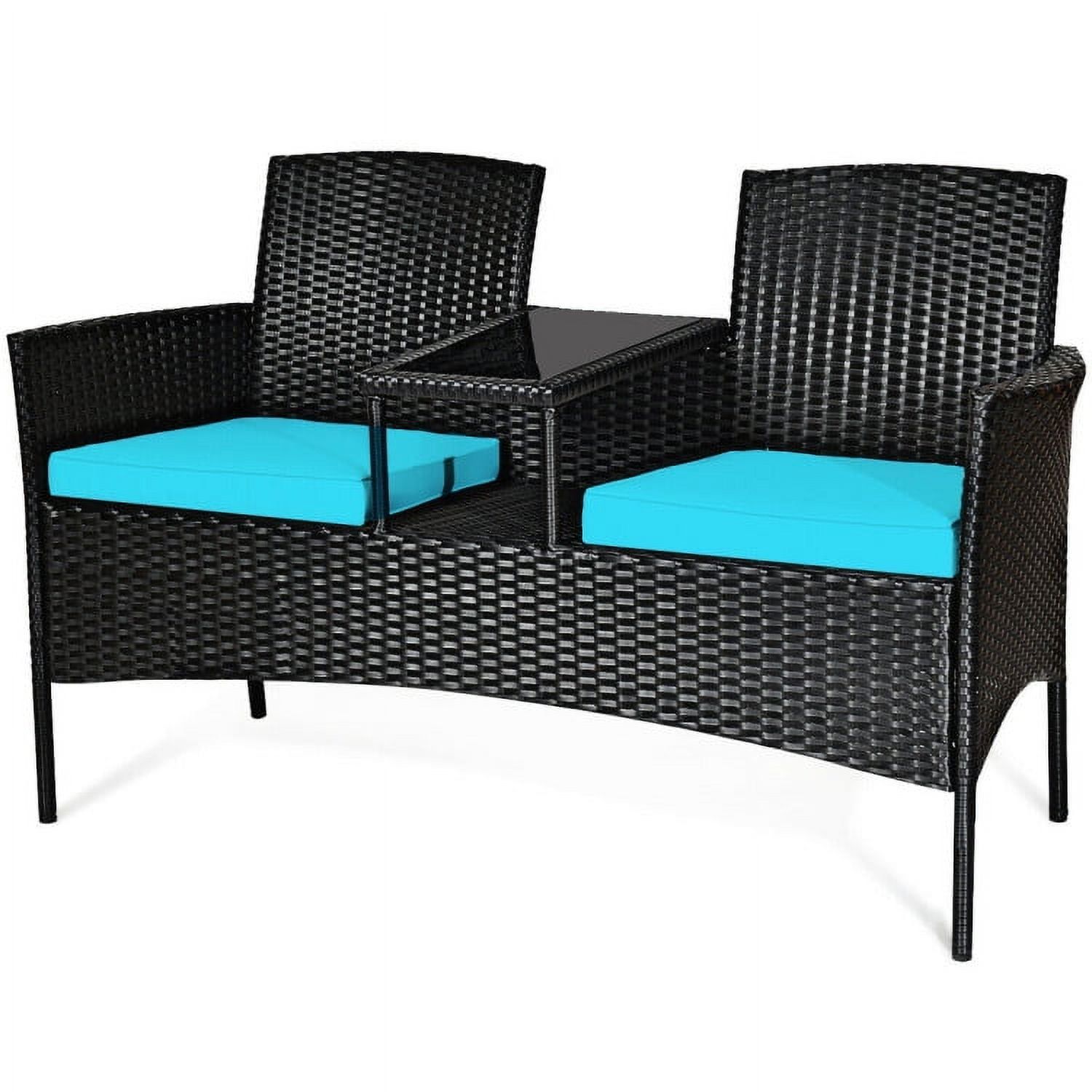Turquoise Wicker 2-Person Patio Conversation Set with Glass Table