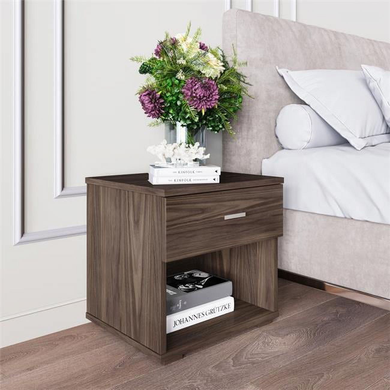 Walnut Modern Nightstand with 1 Drawer and Storage Cubby