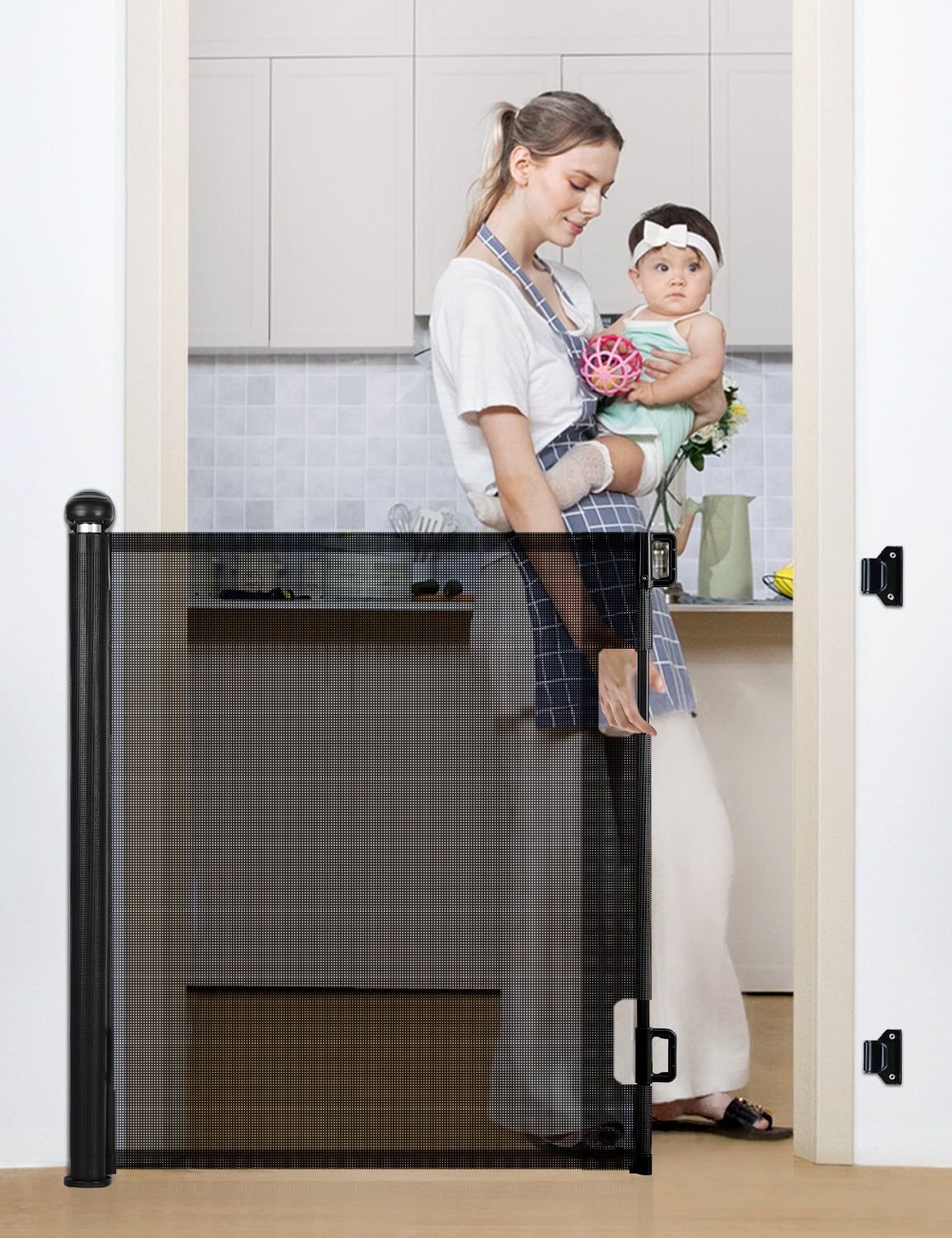 Black Retractable Mesh Baby and Pet Gate for Stairs and Doorways