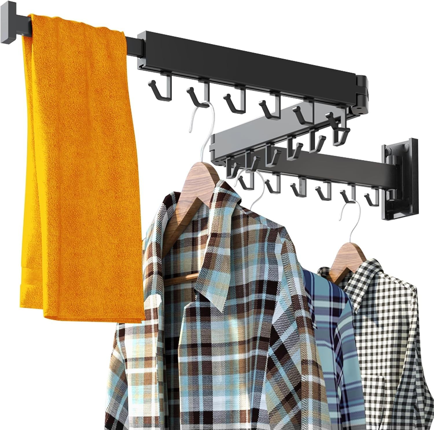 Black Wall Mounted Retractable Clothes Drying Rack with Hooks