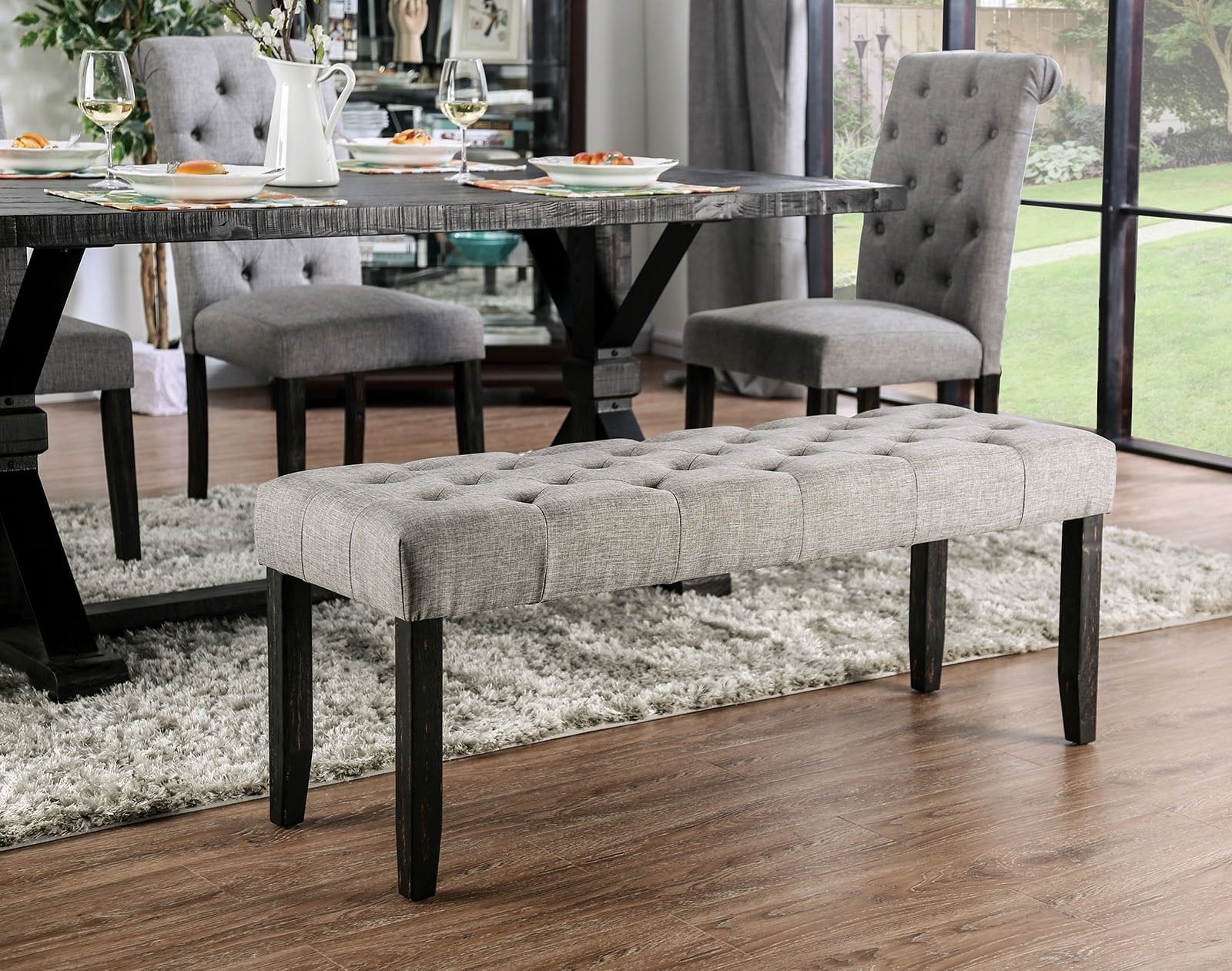 Light Gray Tufted Fabric Bench with Black Wood Legs