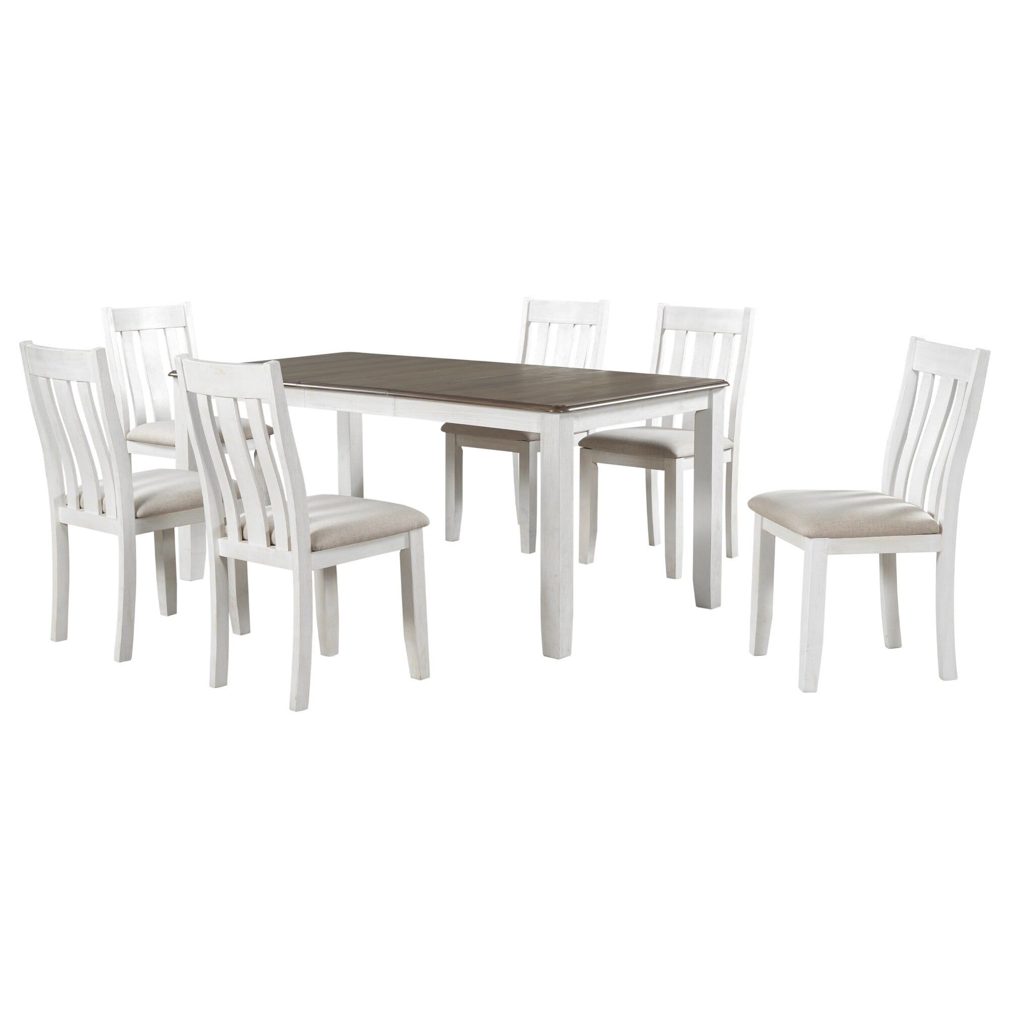 Retro White and Brown 7-Piece Dining Table Set with Linen Chairs