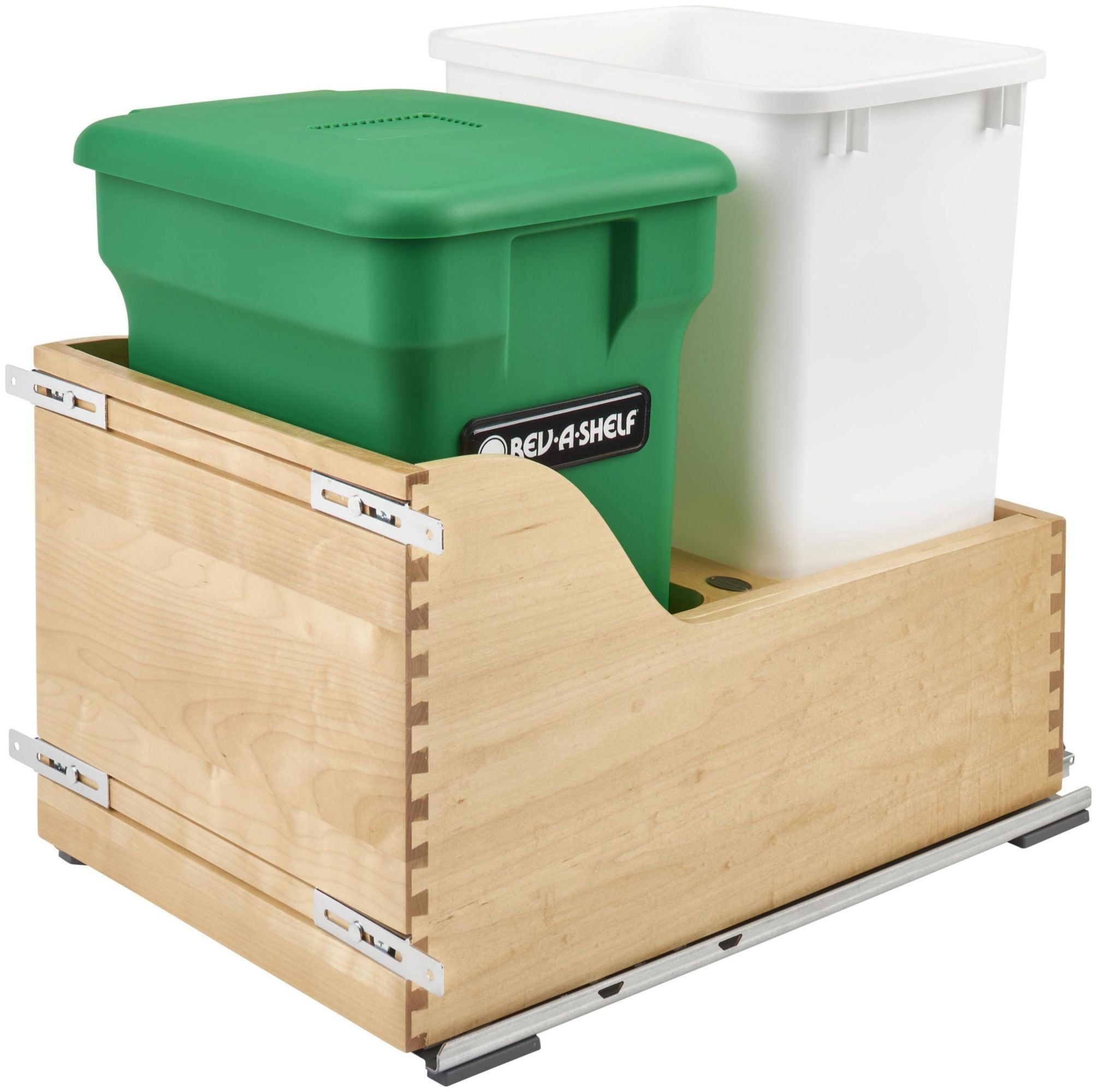 Maple Wood Pull-Out Trash and Compost Bin with White Plastic Container