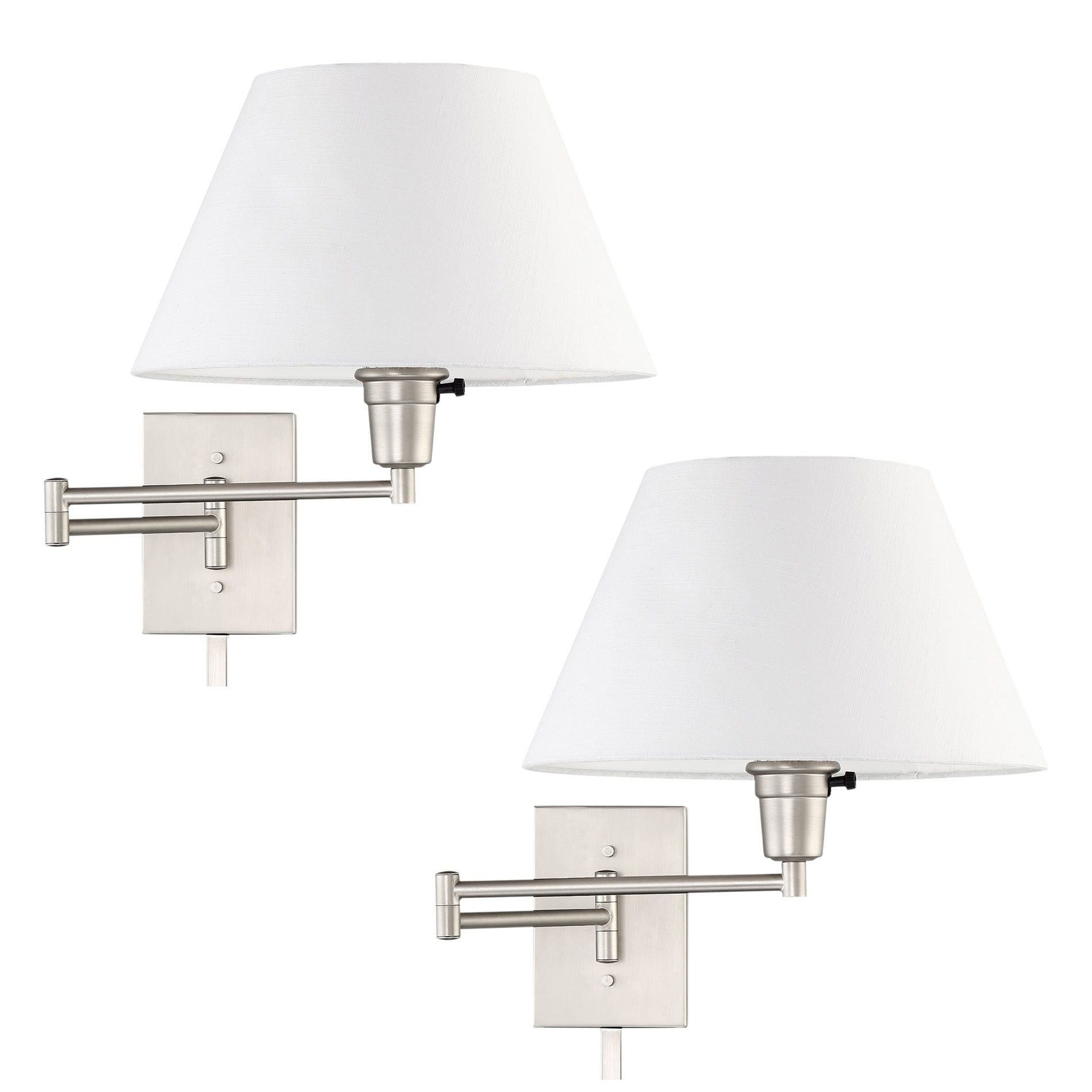 Satin Nickel Swing Arm Wall Lamp with White Linen Shade