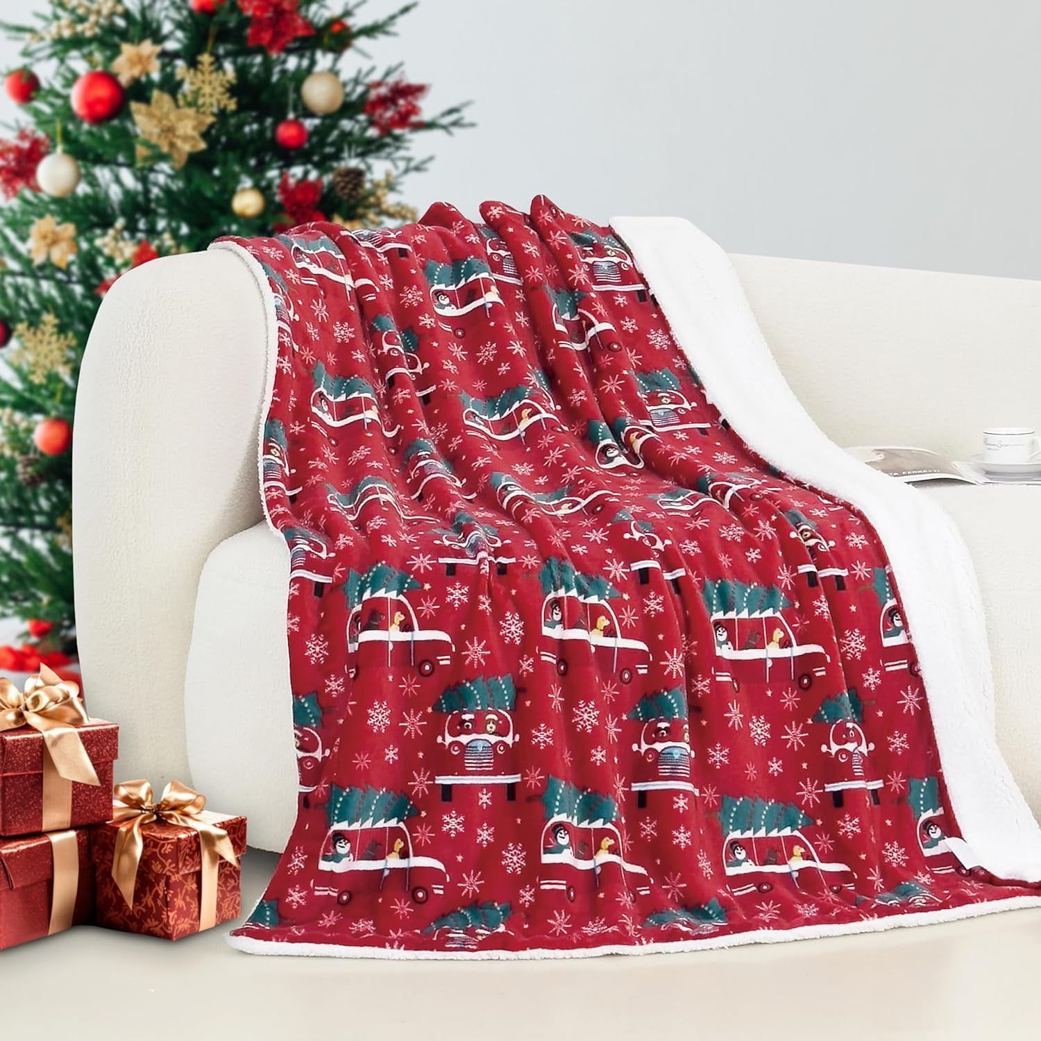 Reversible Red Christmas Tree Car Sherpa Fleece Throw Blanket 50"x60"