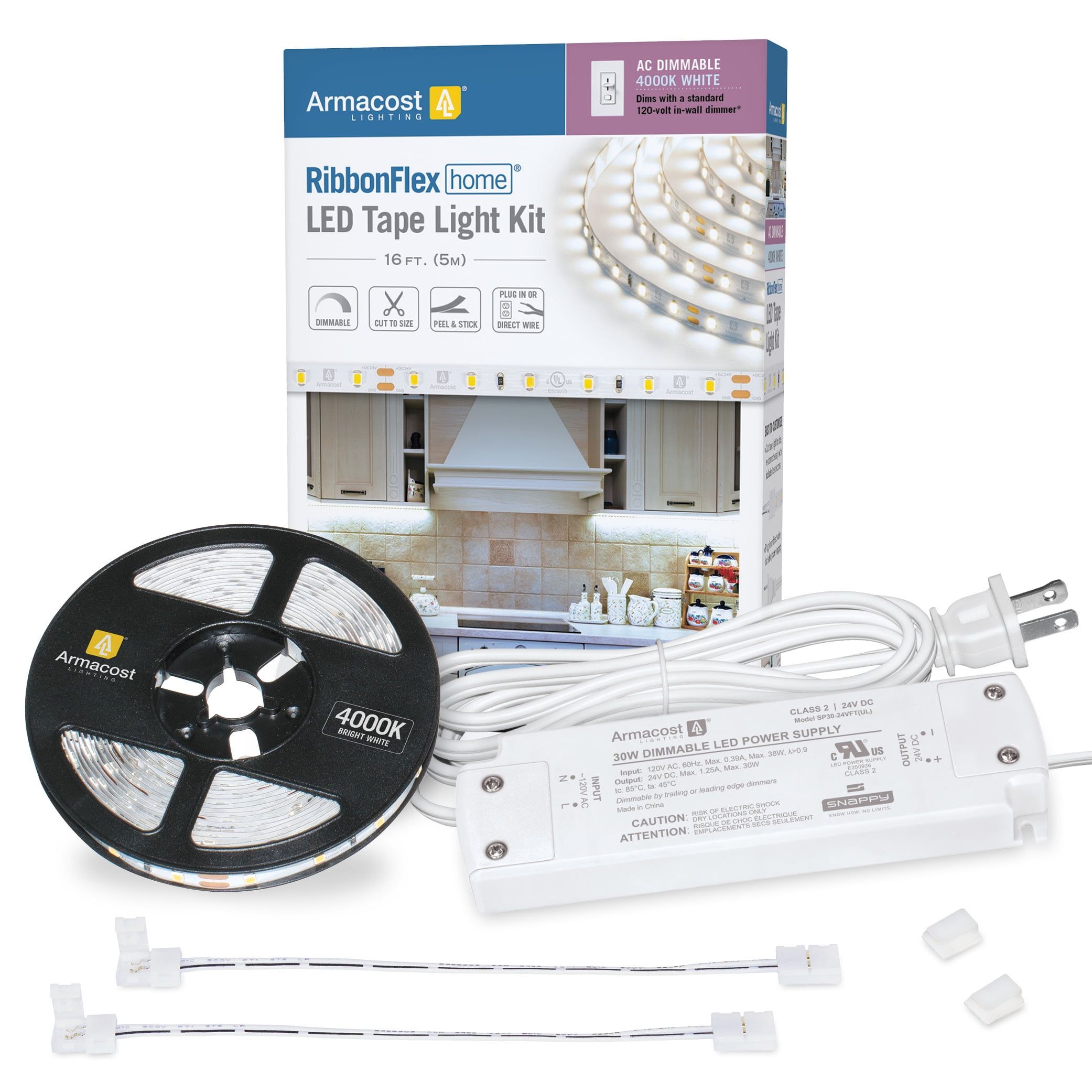 Bright White 4000K Dimmable LED Tape Light Kit, 3x6 in