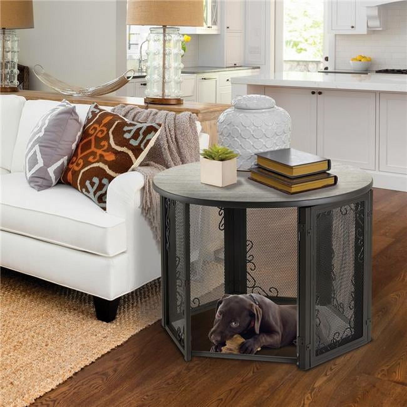 Gray and Silver Medium Round Pet Crate Table