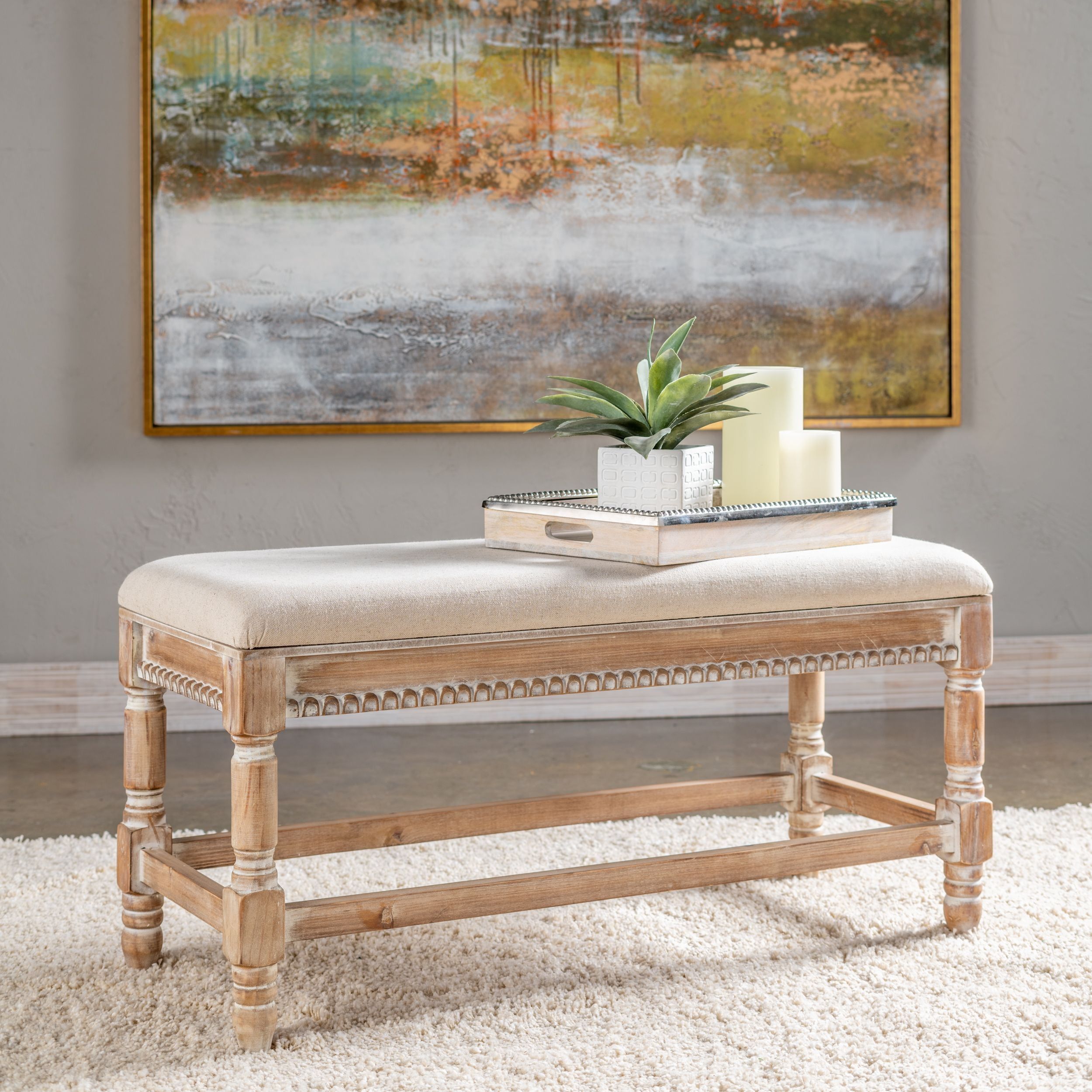 Distressed Brown Fir Wood Bench with Beige Linen Cushion