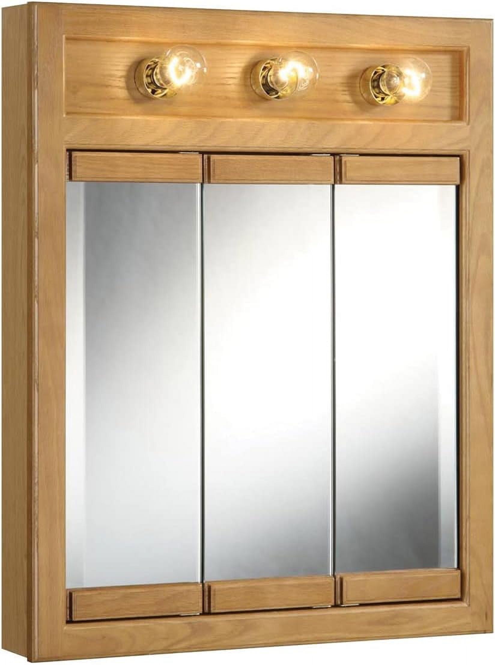 Nutmeg Oak Tri-View 24" Lighted Medicine Cabinet with Mirrored Doors