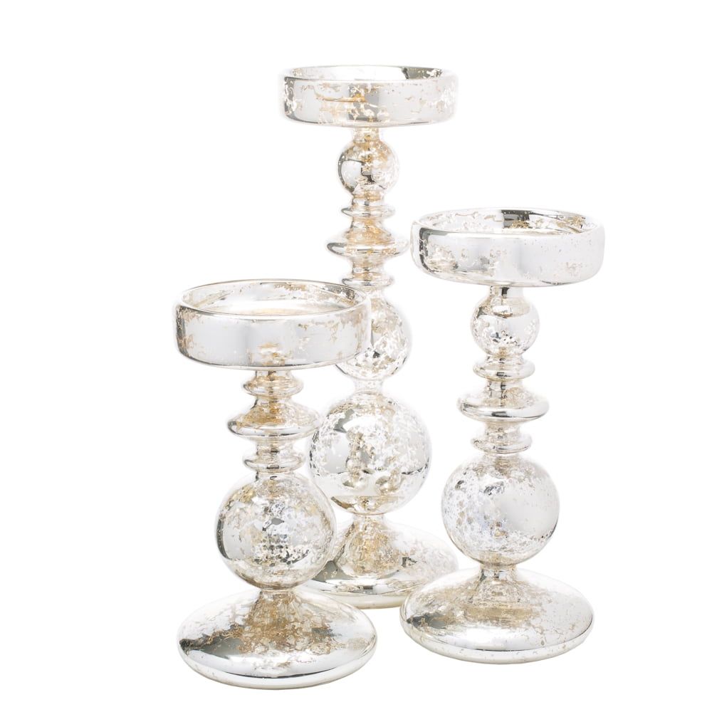 Mercury Glass Bubble Pillar Candle Holders Set of 3