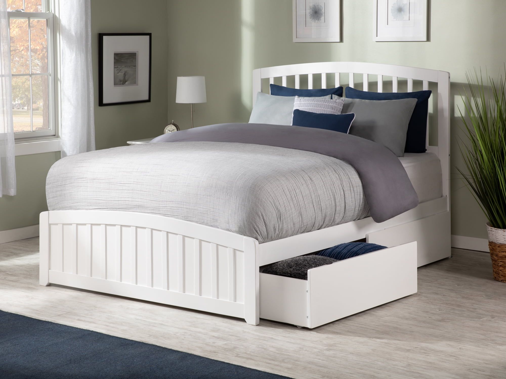 White Queen Wood Platform Bed with Storage Drawers