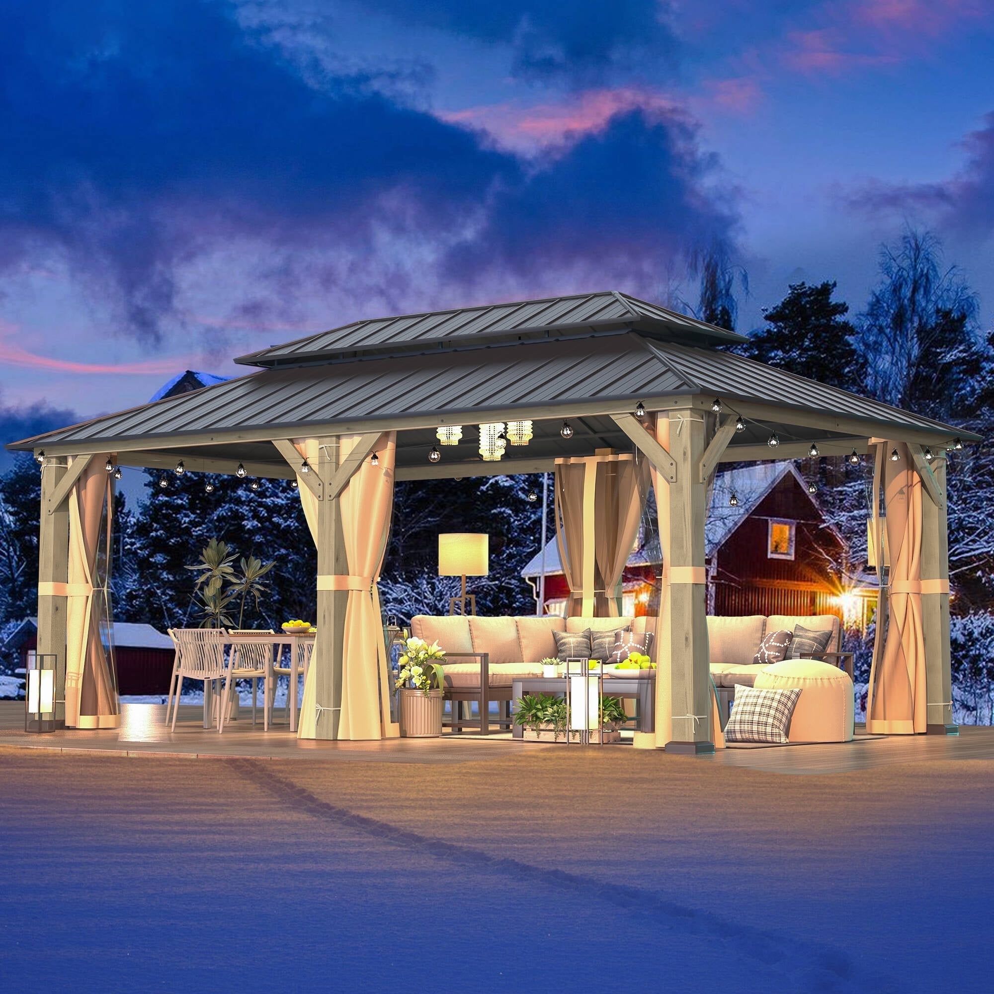 Gray Cedar and Aluminum Outdoor Gazebo with Double Roof, 12' x 20'