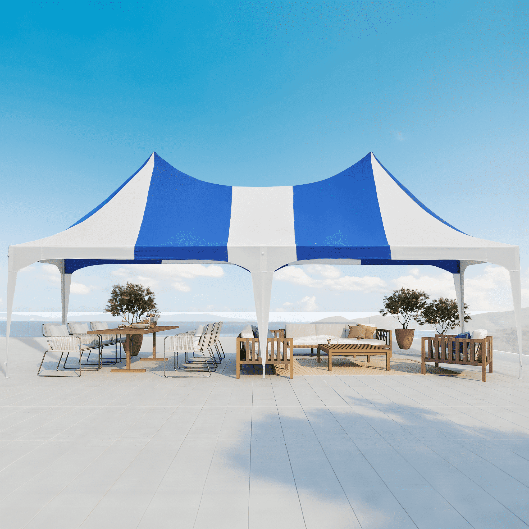 Blue and White 13' x 26' Double Peaked Party Tent