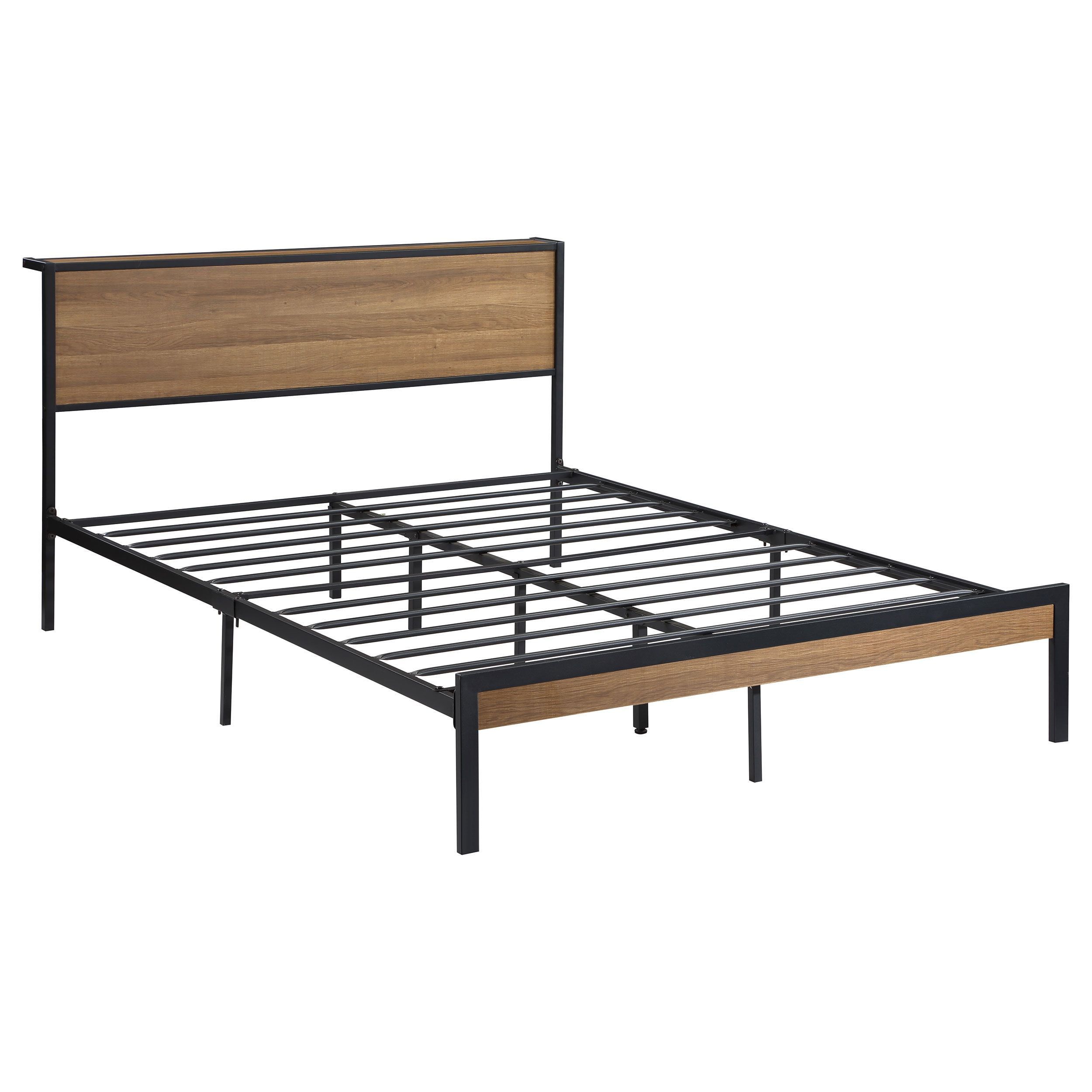 Full Black and Light Oak Metal Platform Bed with Headboard