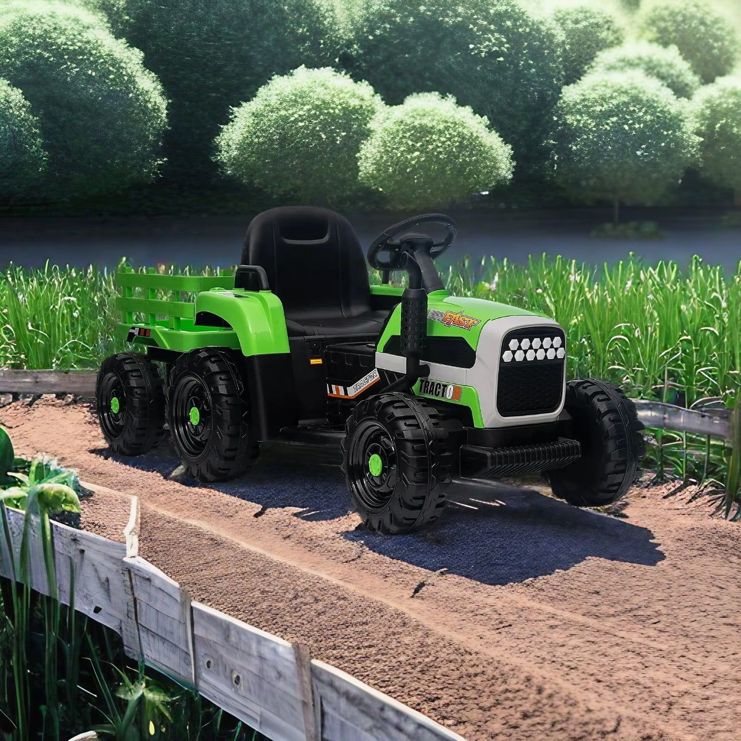 Green 12V Ride-On Tractor with Trailer and Remote Control