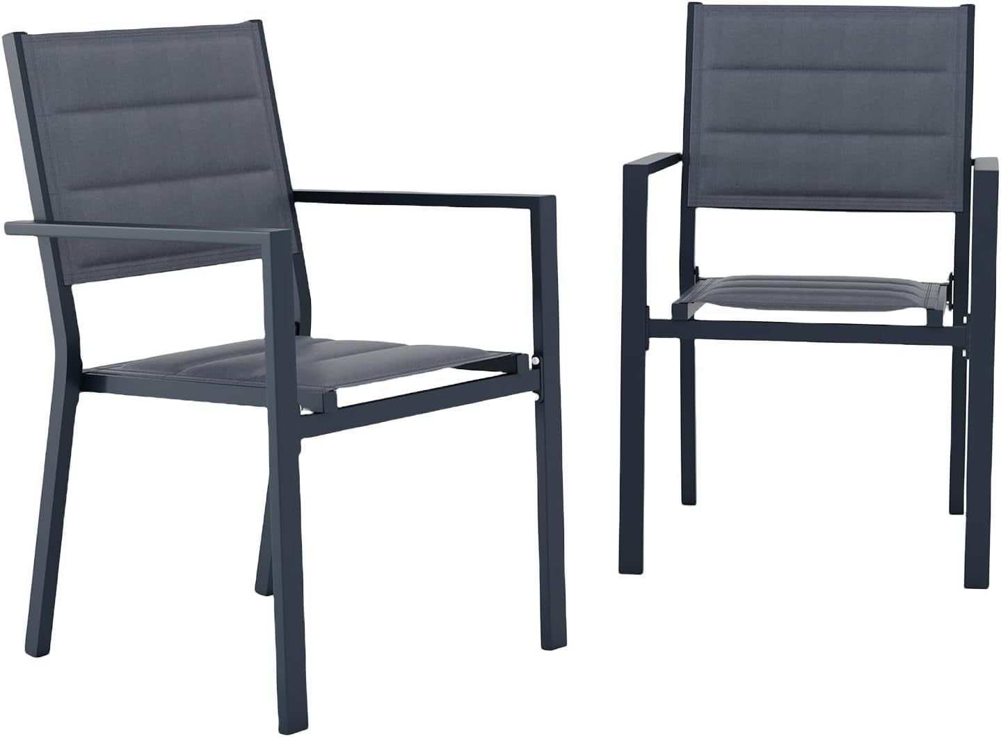 Gray Aluminum Stackable Outdoor Patio Dining Chairs with Cushions, Set of 2