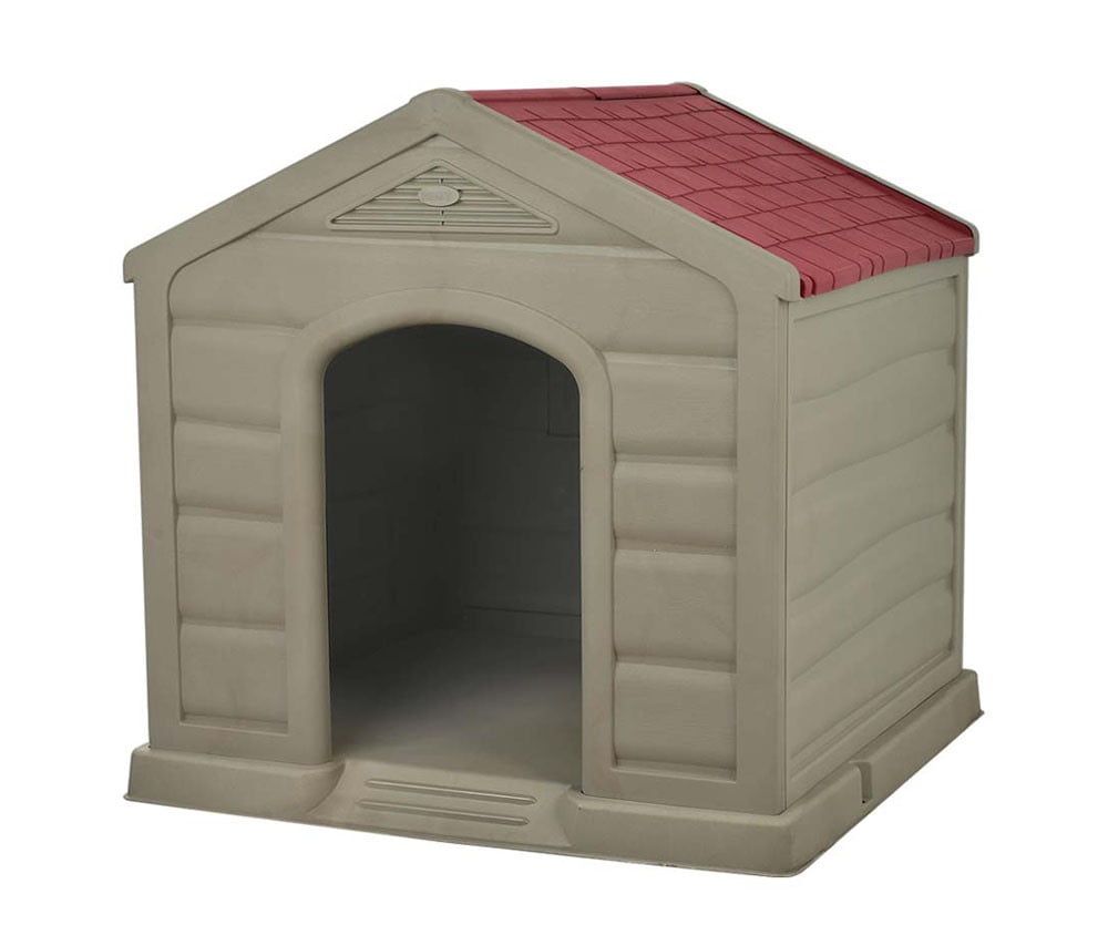 Large Taupe Plastic Dog House with Red Roof