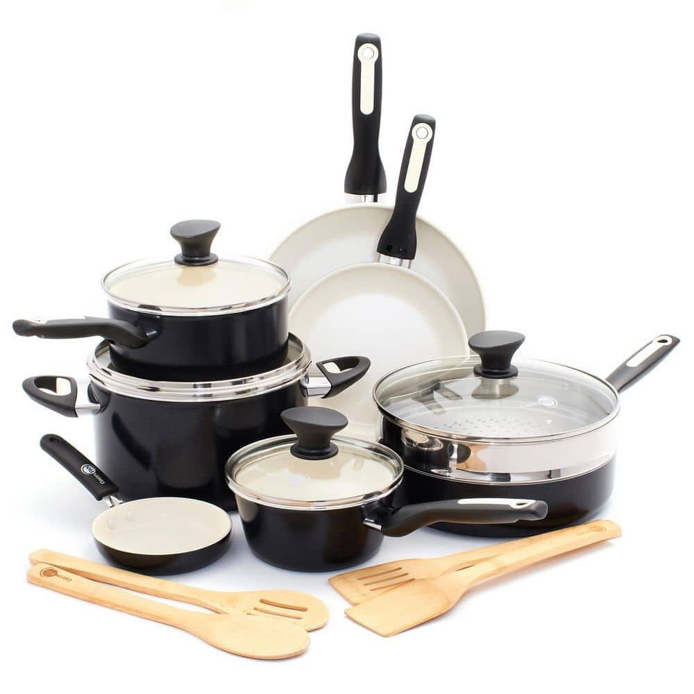 Black Ceramic Nonstick 16-Piece Cookware Set with Glass Lids