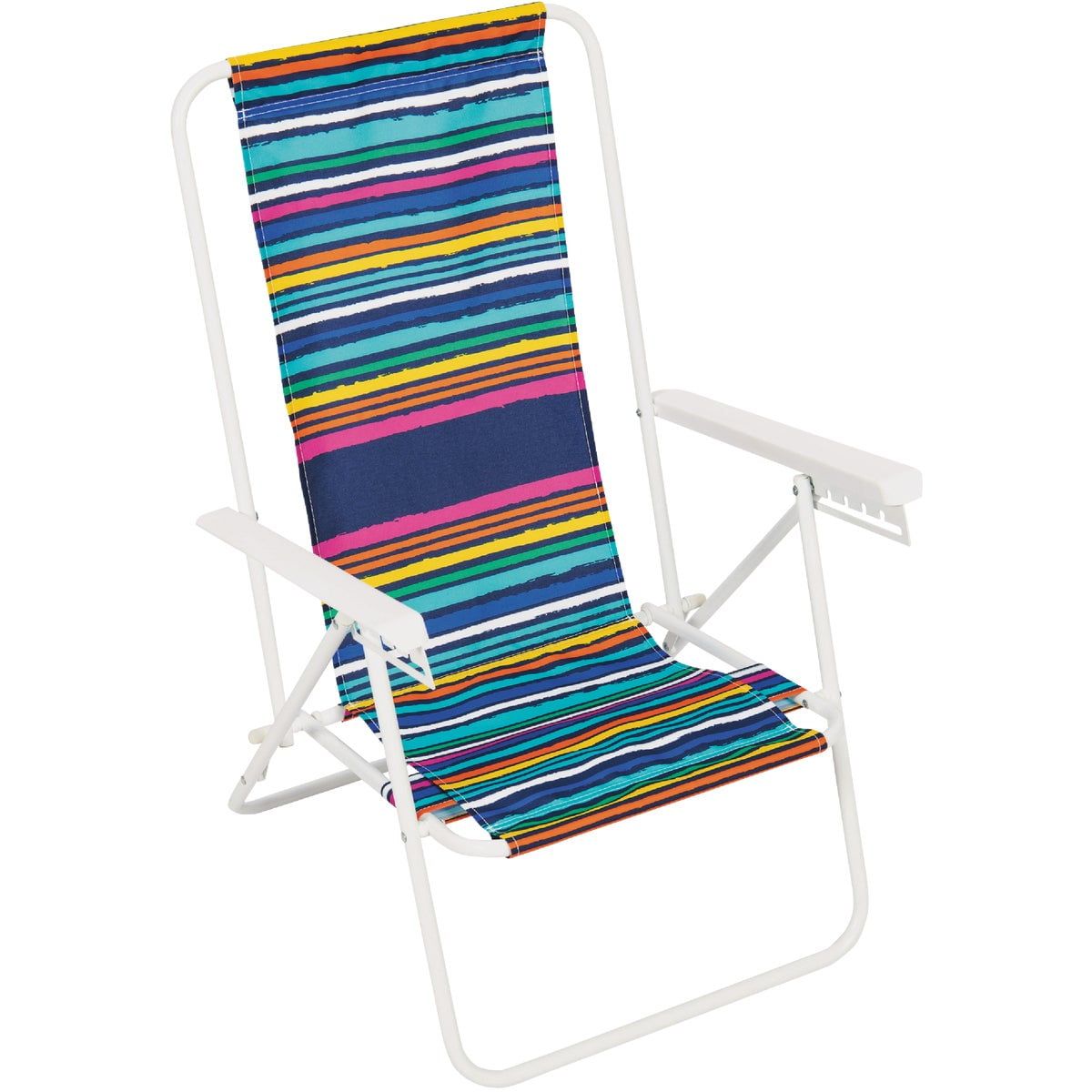 Adjustable White Steel Frame Beach Chair with Multicolor Stripes