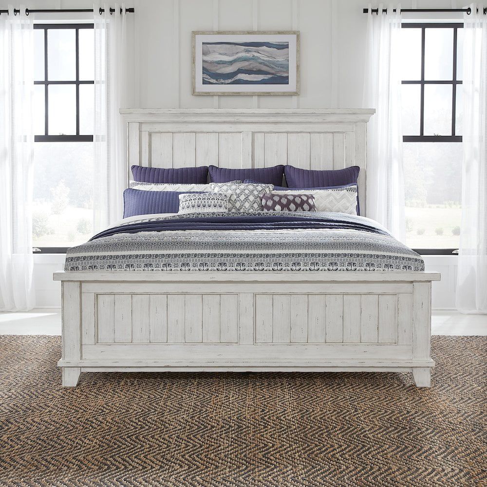 Riverstone White Rustic King Pine Panel Bed with Slats