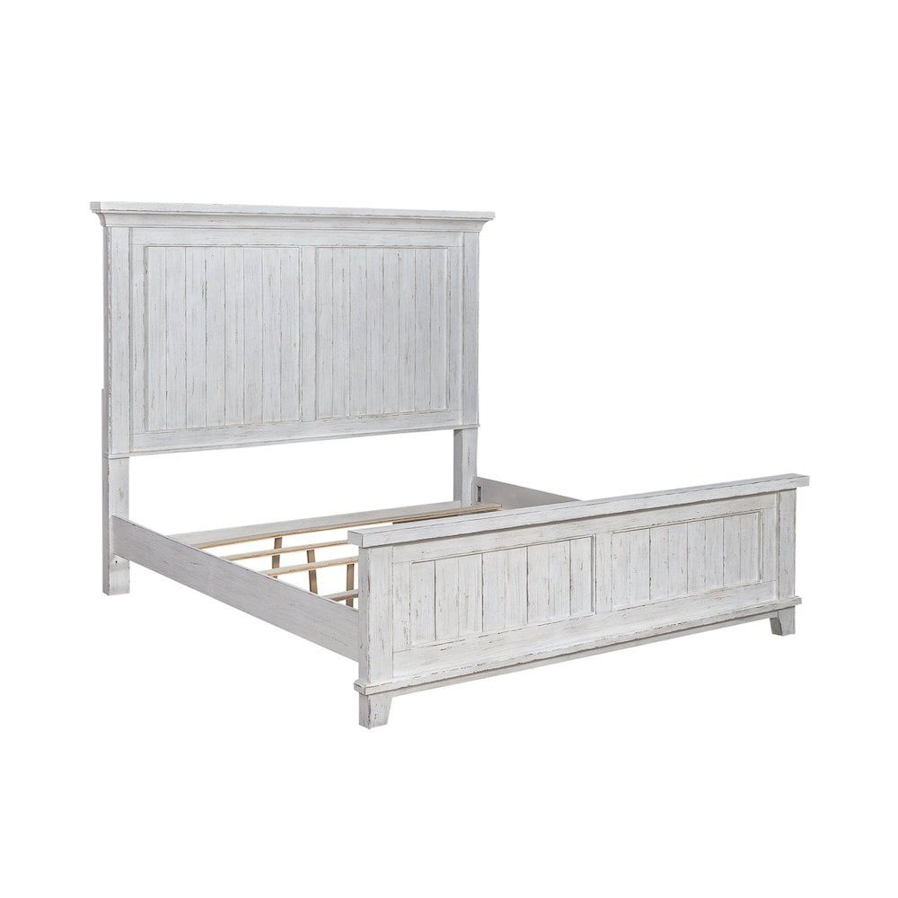 White Rustic Pine Queen Panel Bed with Headboard and Slats