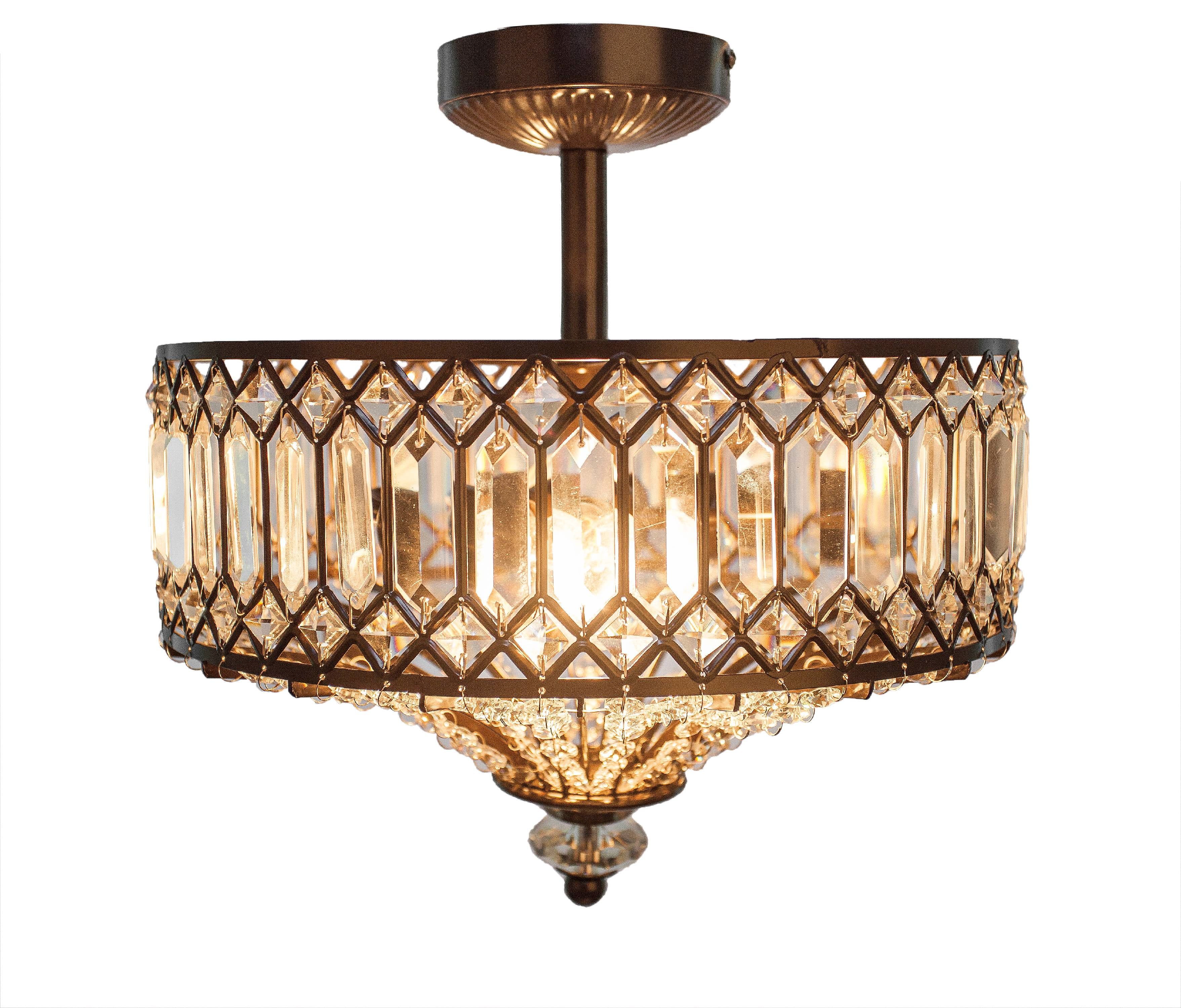 Elegant Hollywood Bronze & Glass Drum Ceiling Light with K-9 Crystals