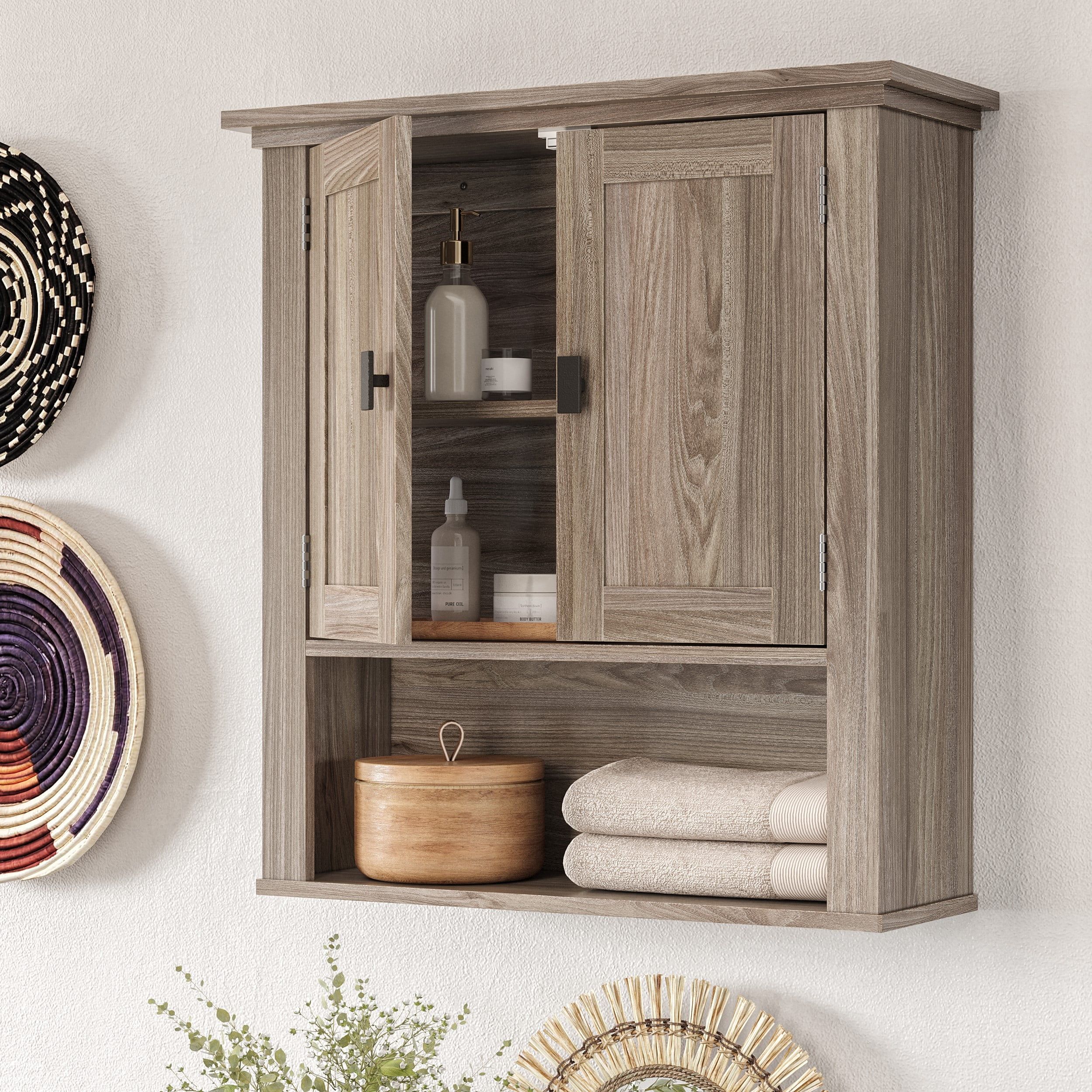 Light Woodgrain Two-Door Wall Cabinet with Adjustable Shelf