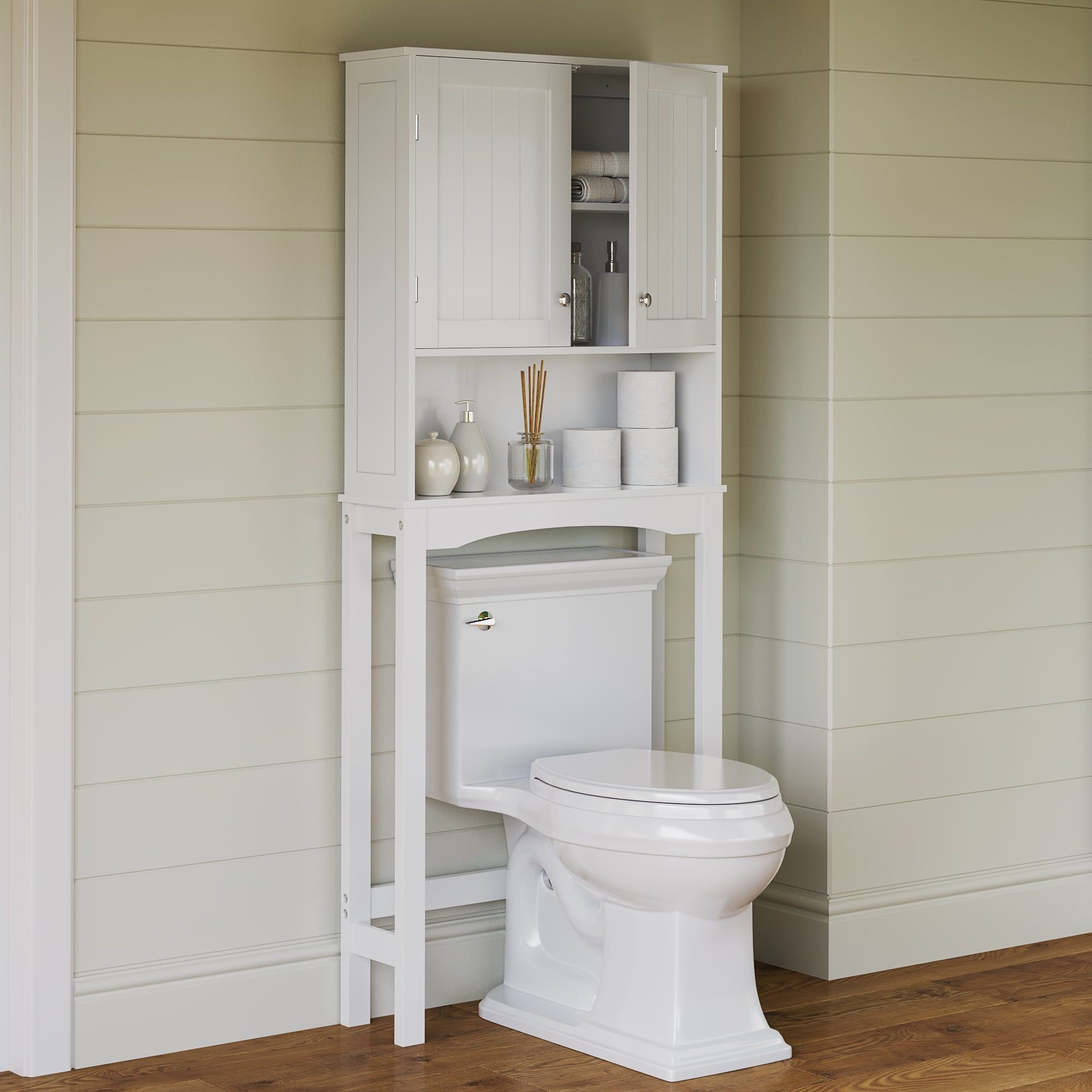 White MDF Over-the-Toilet Storage Cabinet with Adjustable Shelves