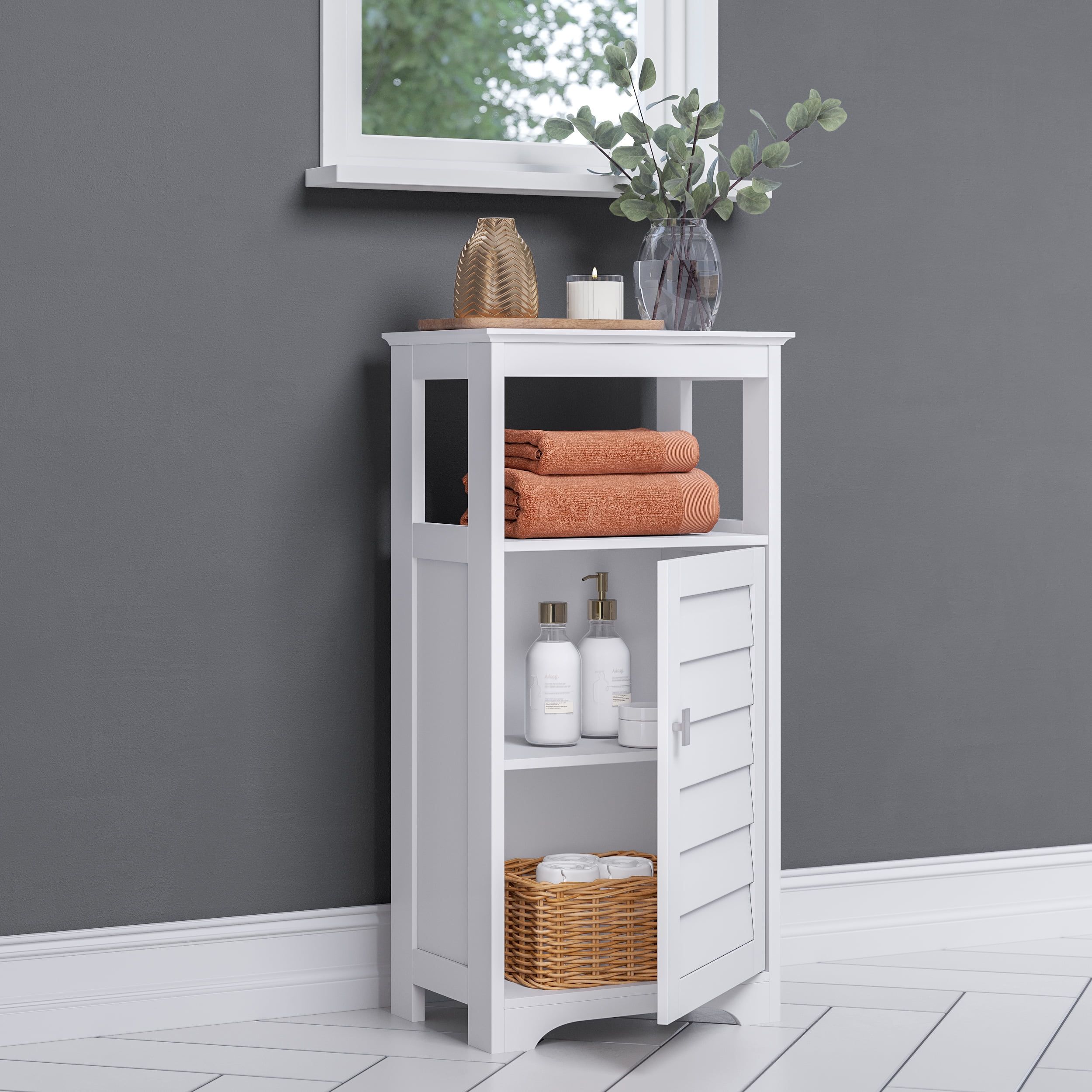 White Single Door Floor Cabinet with Adjustable Shelving