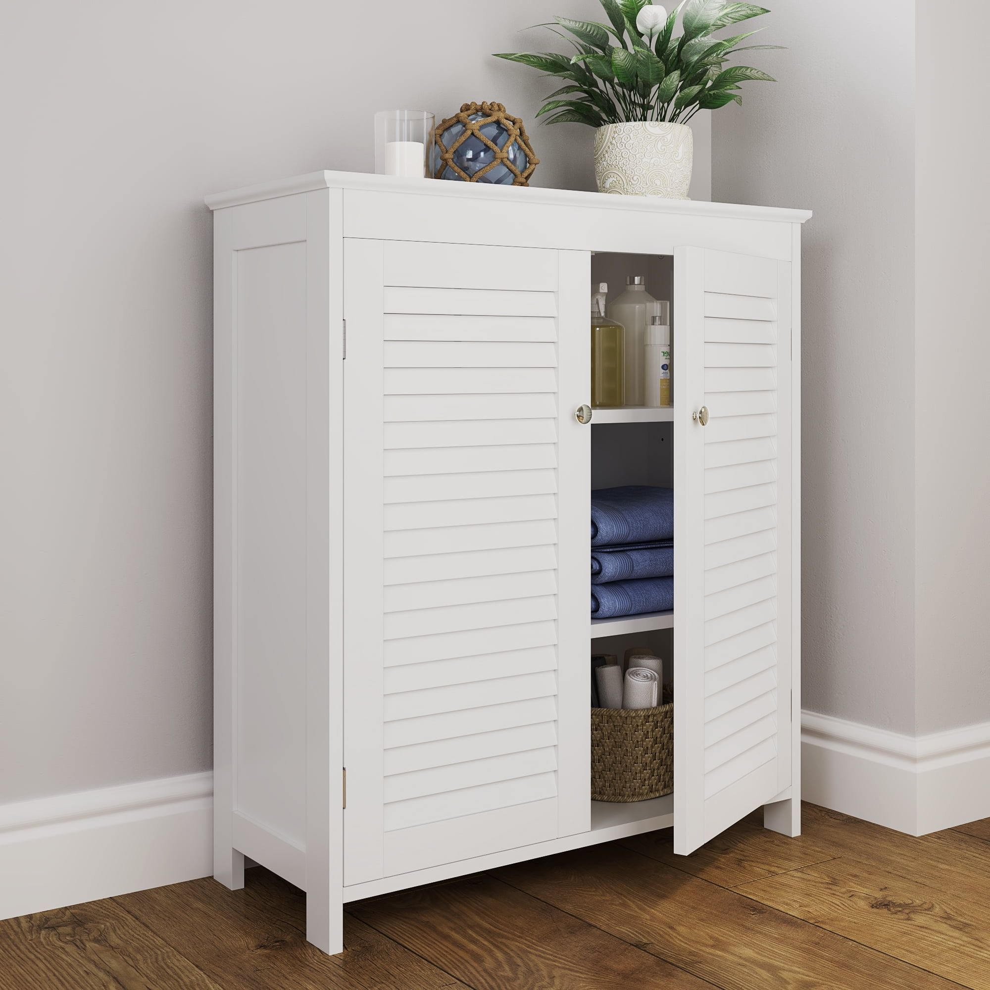 White Shutter Door Bathroom Storage Cabinet with Adjustable Shelves