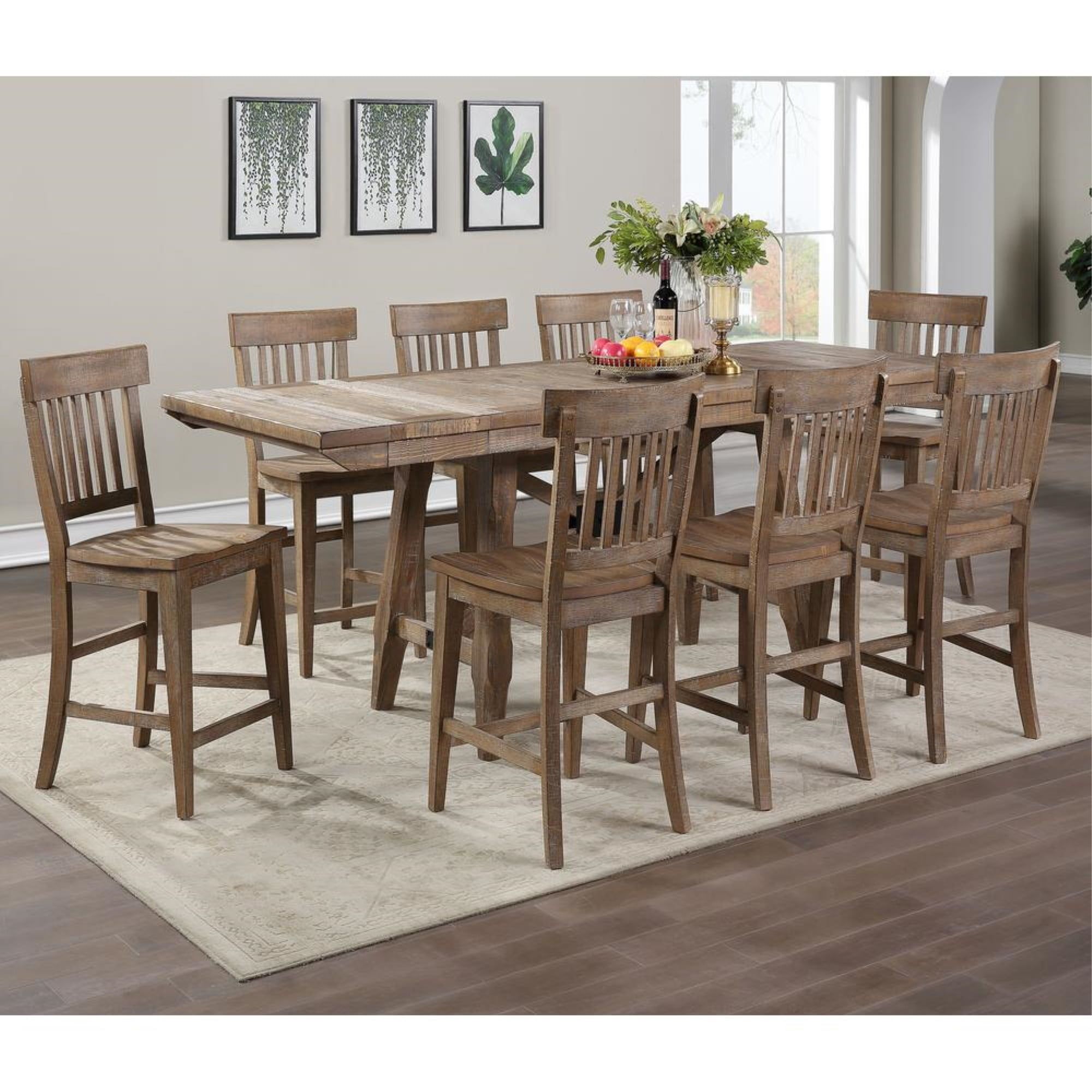 Riverdale Light Brown Distressed Wood 9-Piece Counter Height Dining Set